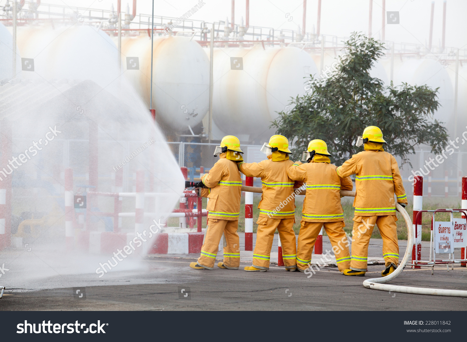 Fireman Attacking Fire Water Firefighter Team Stock Photo 228011842 ...