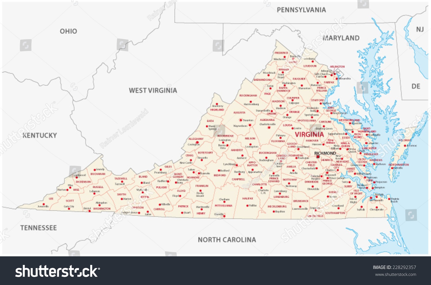 Virginia Administrative Map Stock Vector (Royalty Free) 228292357 ...