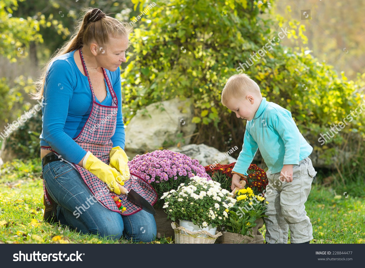 Мама в саду сажает цветы