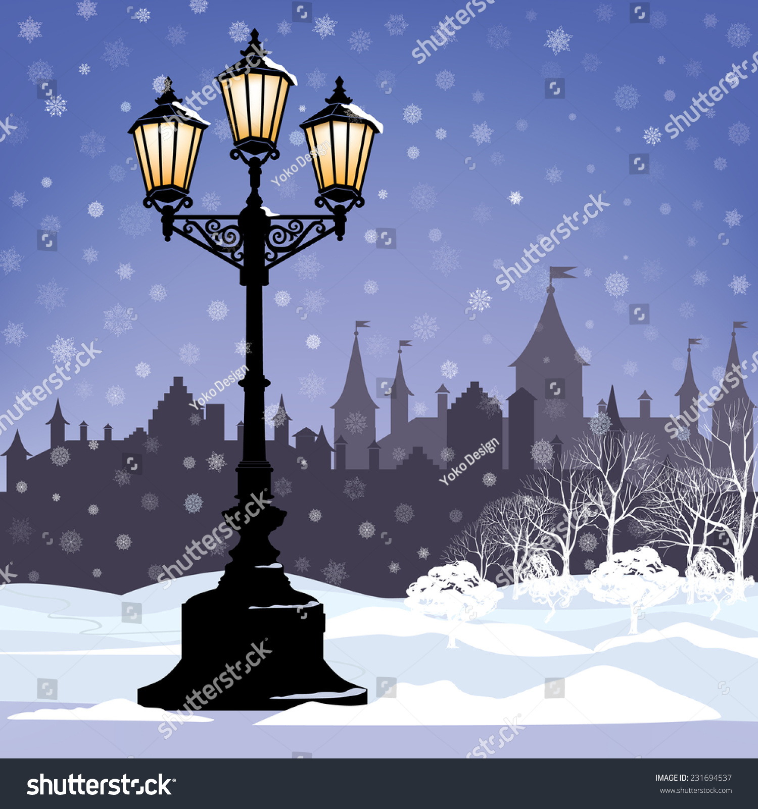 Christmas Winter Cityscape Luminous Street Lantern Stock Vector ...