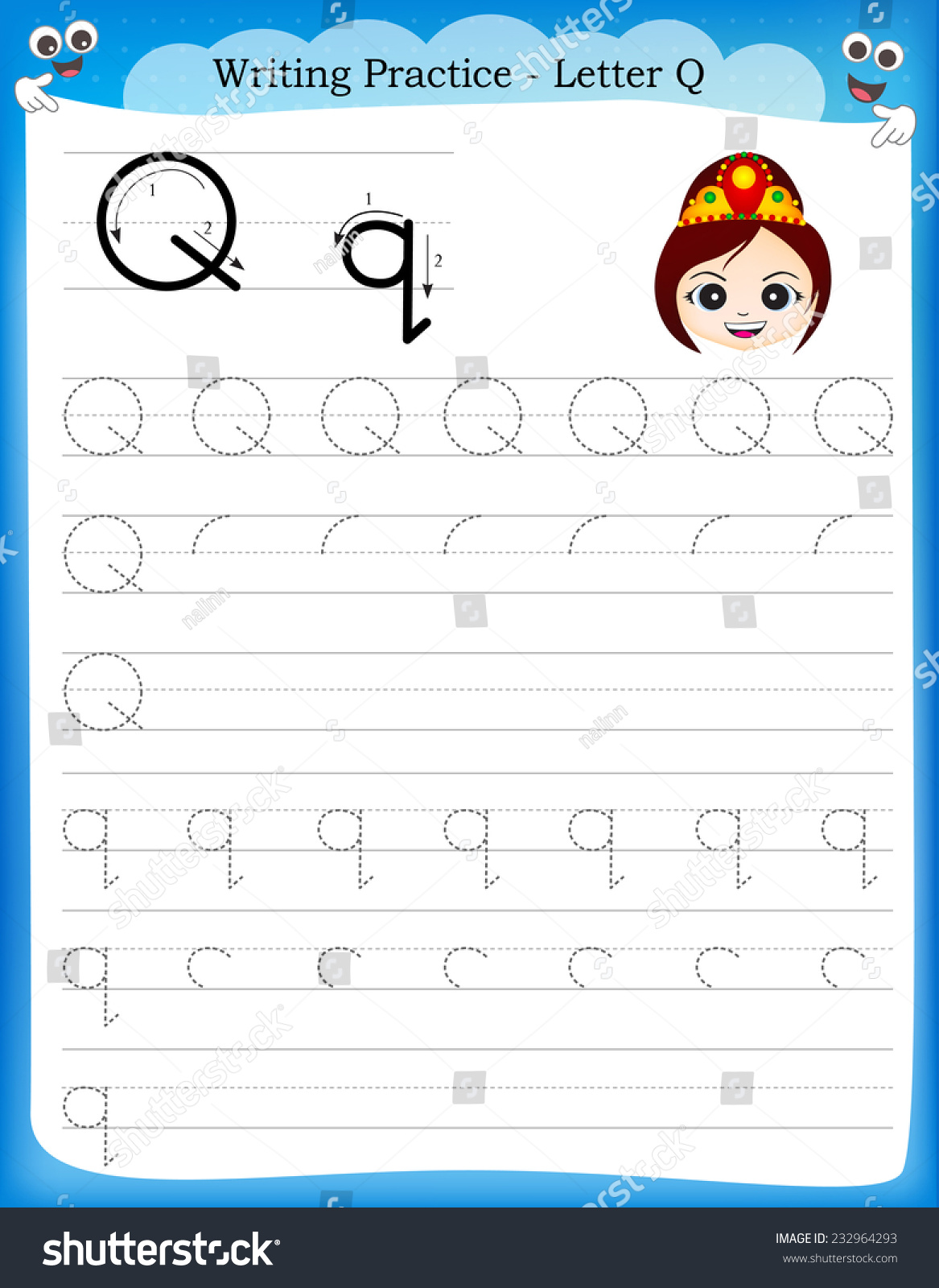 writing practice letter q printable worksheet stock vector royalty free 232964293 shutterstock