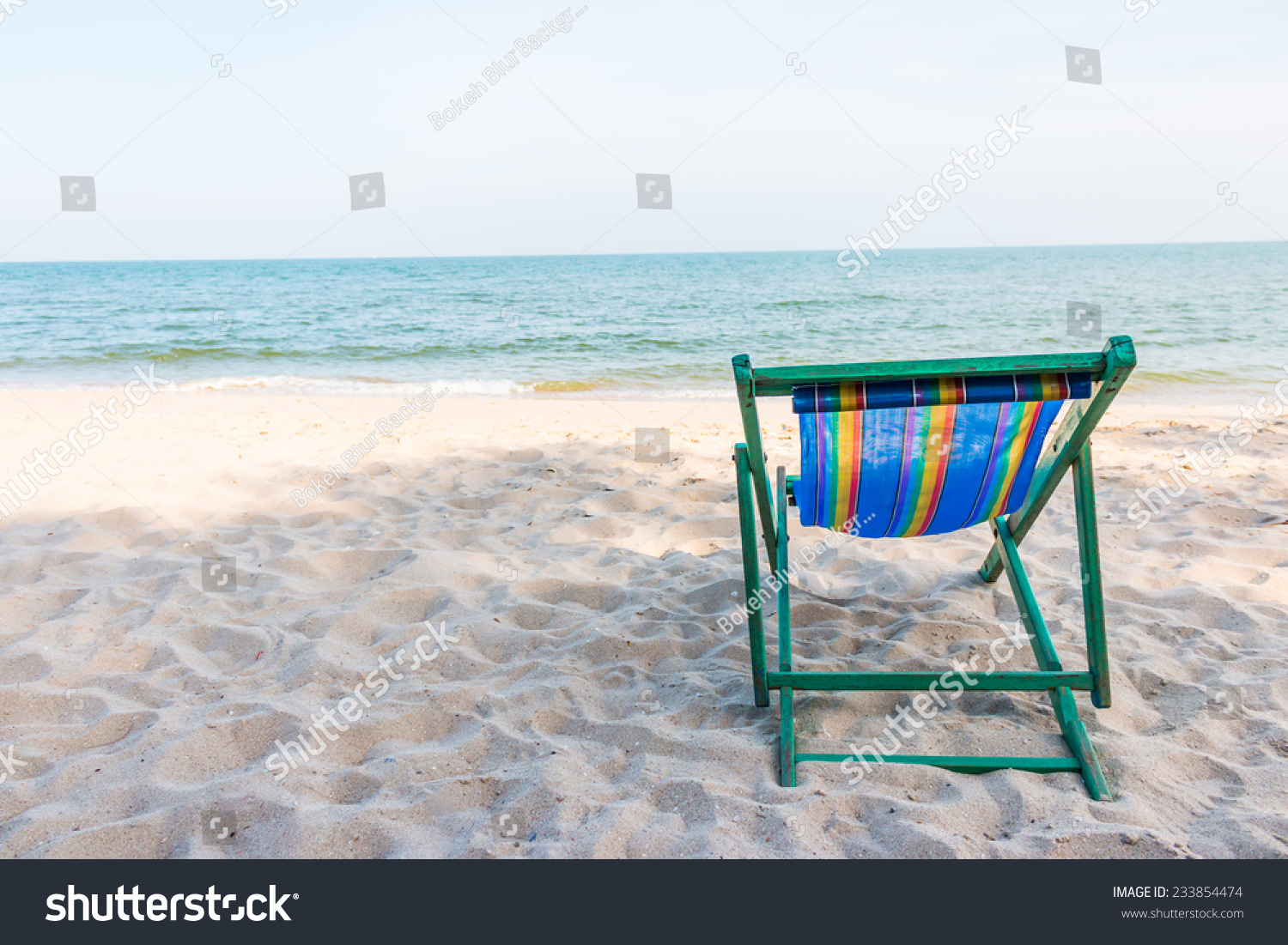 Empty Wooden Beach Chair Beach Background Stock Photo 233854474 