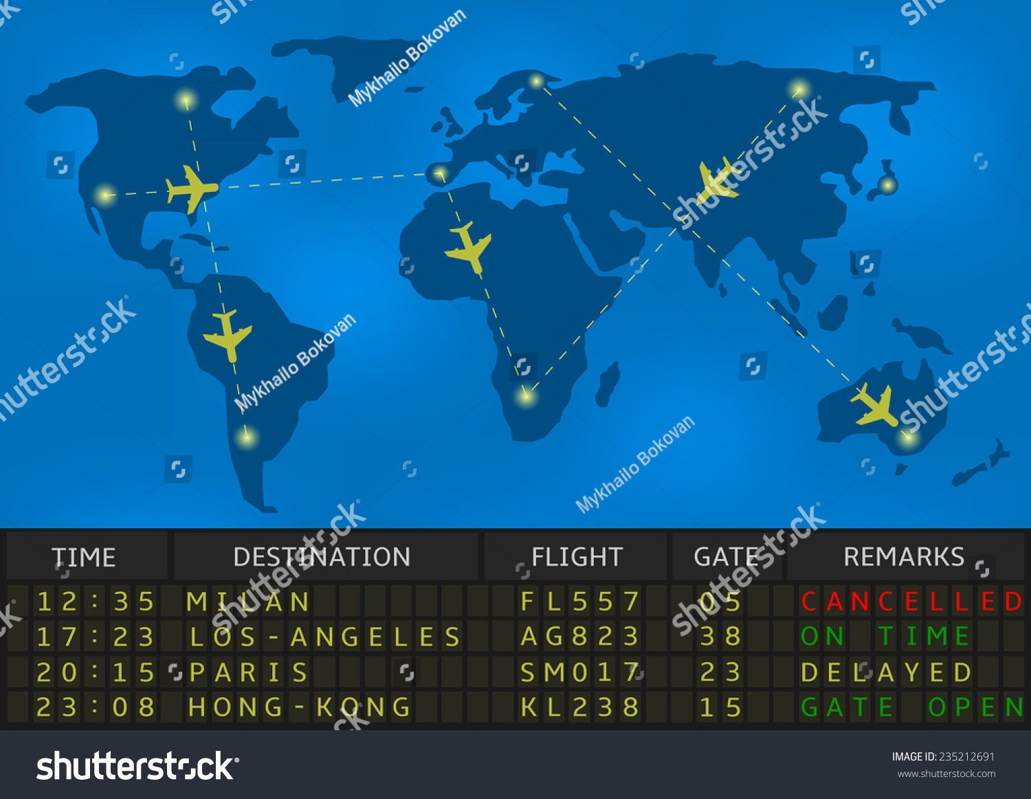 Destination Flight. Cancelled Flight Board. Airport Flight old timetable Effect.