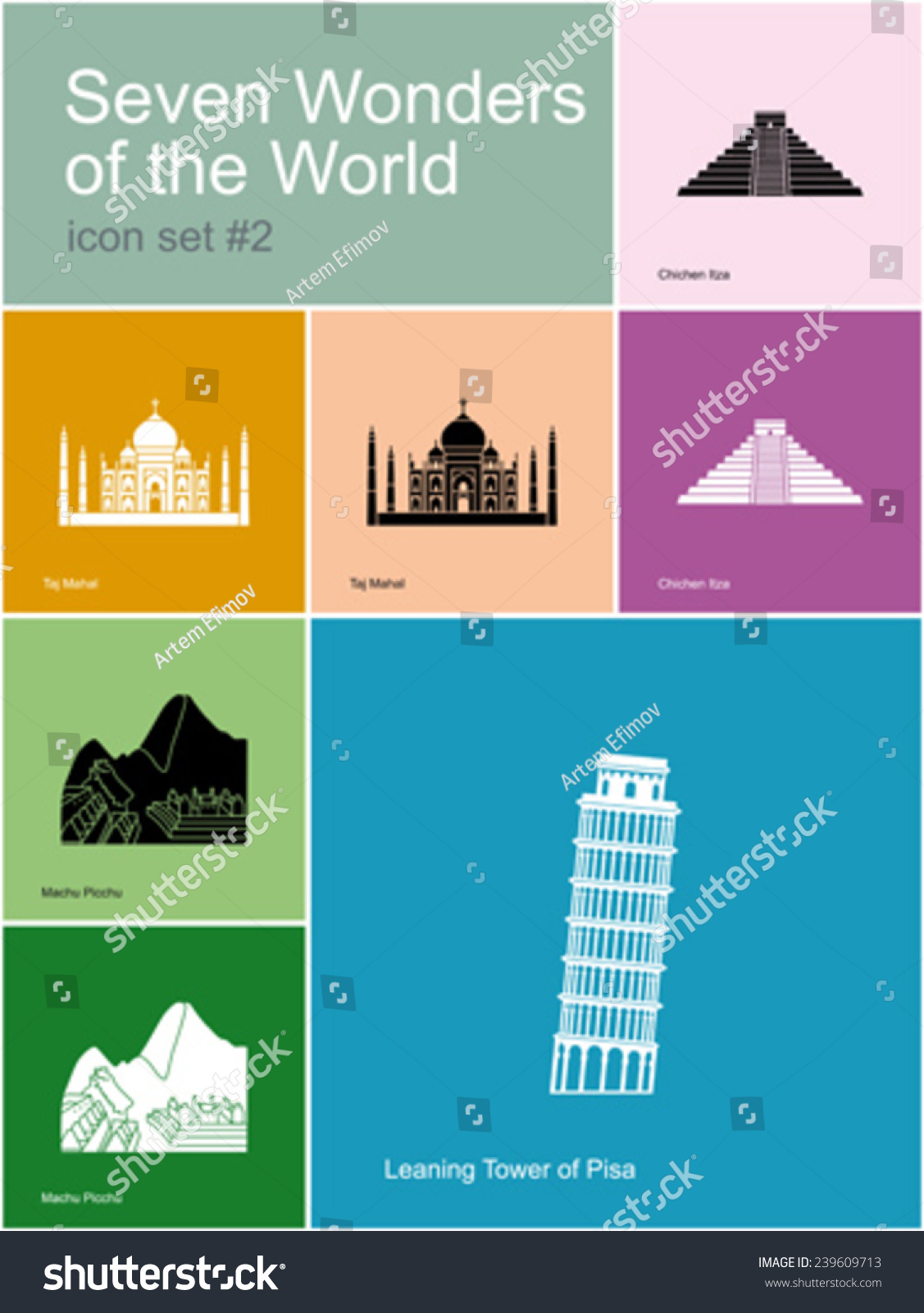 Landmarks Seven Wonders World Set Color Stock Vector (Royalty Free ...