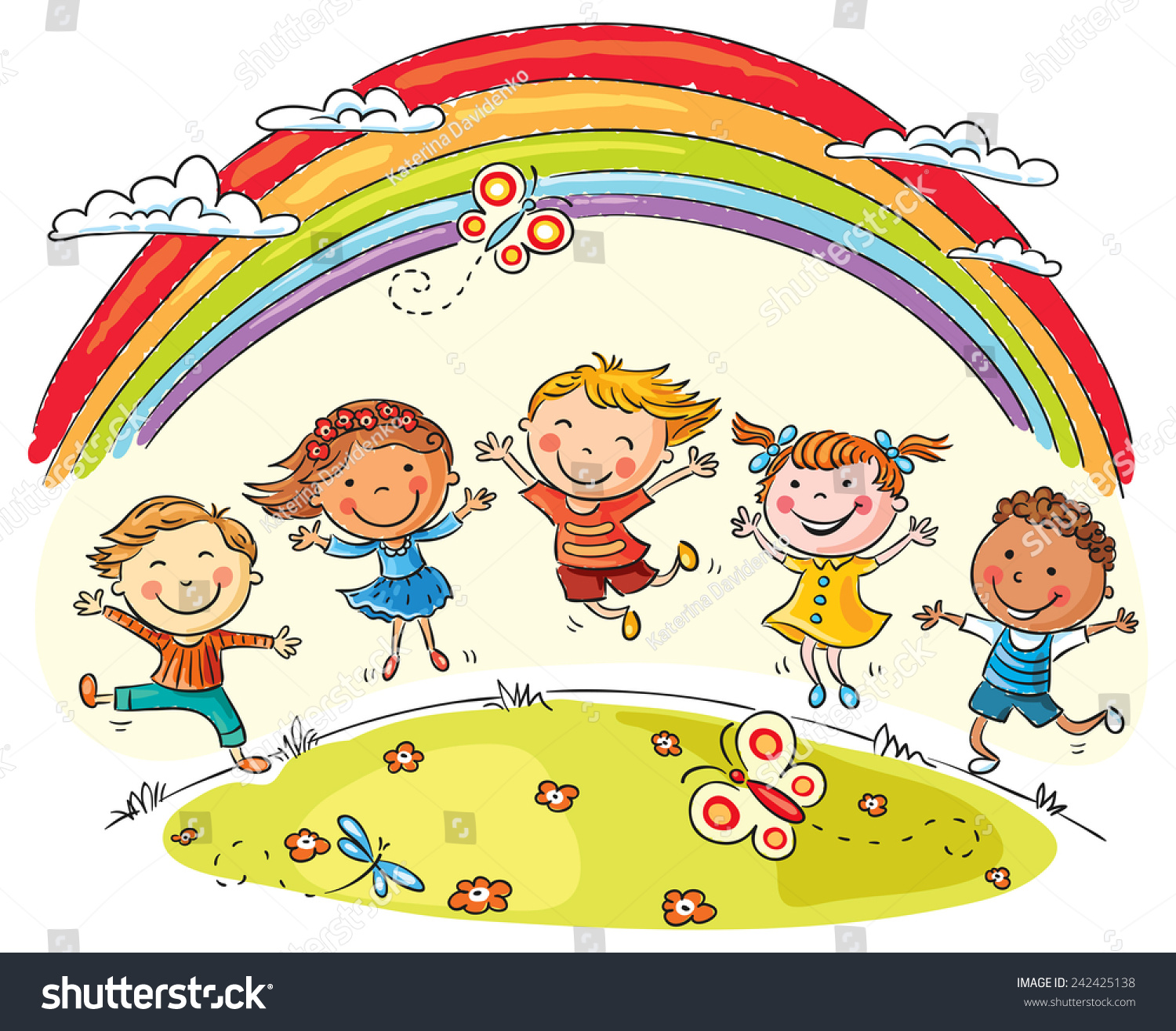 Kids Jumping Joy On Hill Under Stock Vector (Royalty Free) 242425138 ...