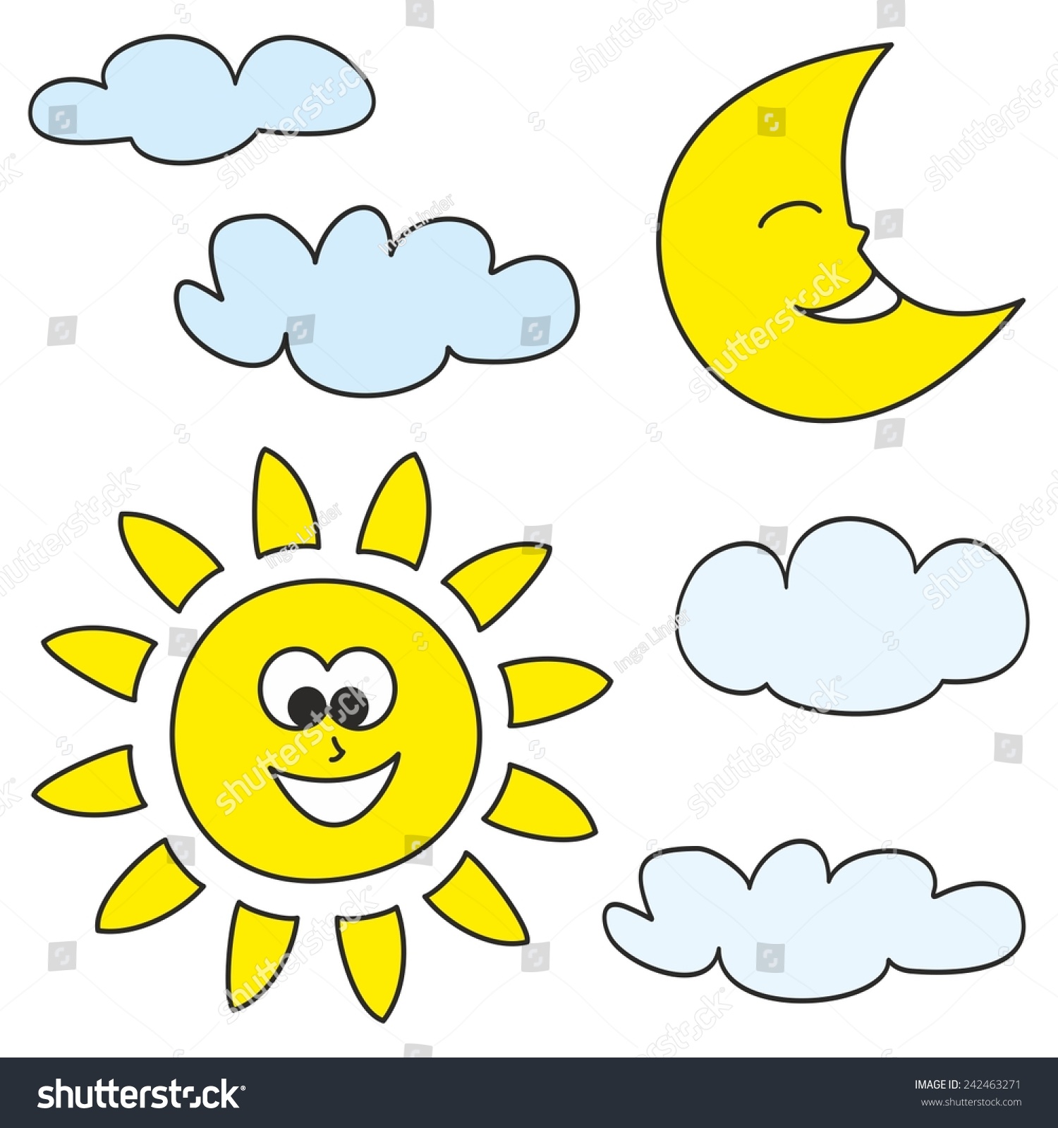 Sun Moon Clouds Weather Cartoon Icons Stock Vector (Royalty Free ...