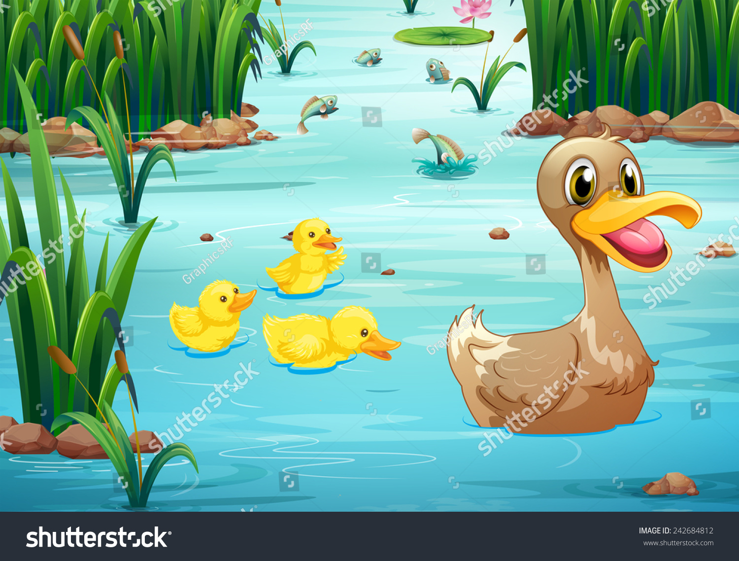 Illustration Ducks Swimming Pond Stock Vector (Royalty Free) 242684812 ...