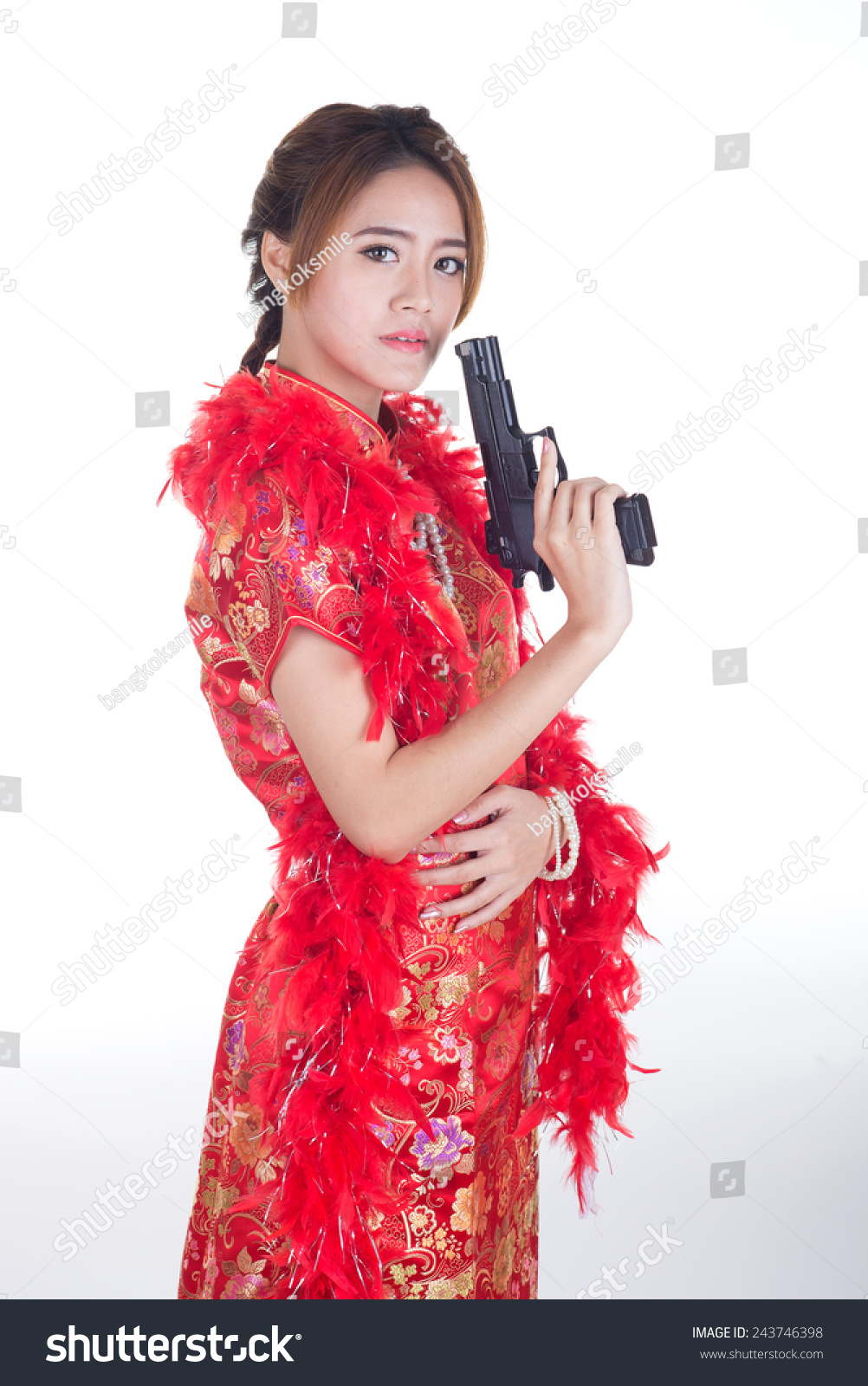 Asian Girl Holding Handgun Chinese Dress Stock Photo 243746398 ...