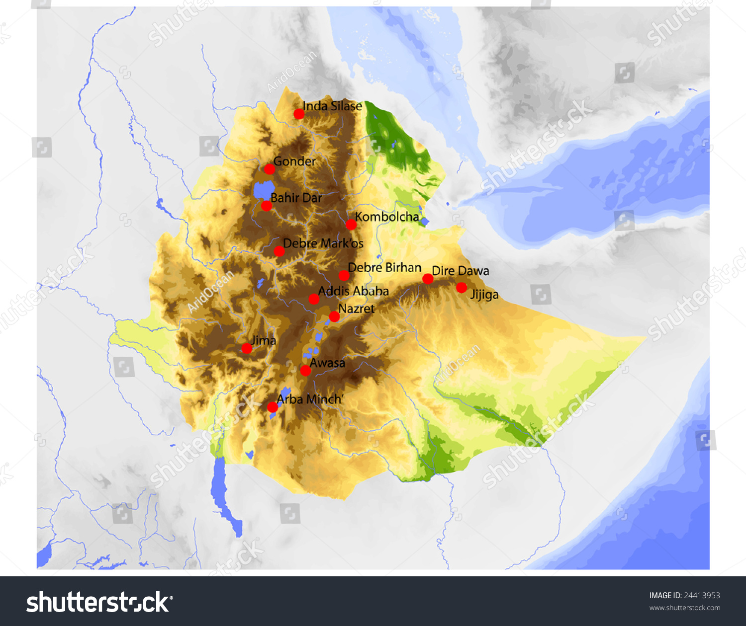 Vektor Stok Ethiopia Physical Vector Map Colored According Tanpa Stock Vector Ethiopia Physical Vector Map Colored According To Elevation With Rivers And Selected Cities 24413953