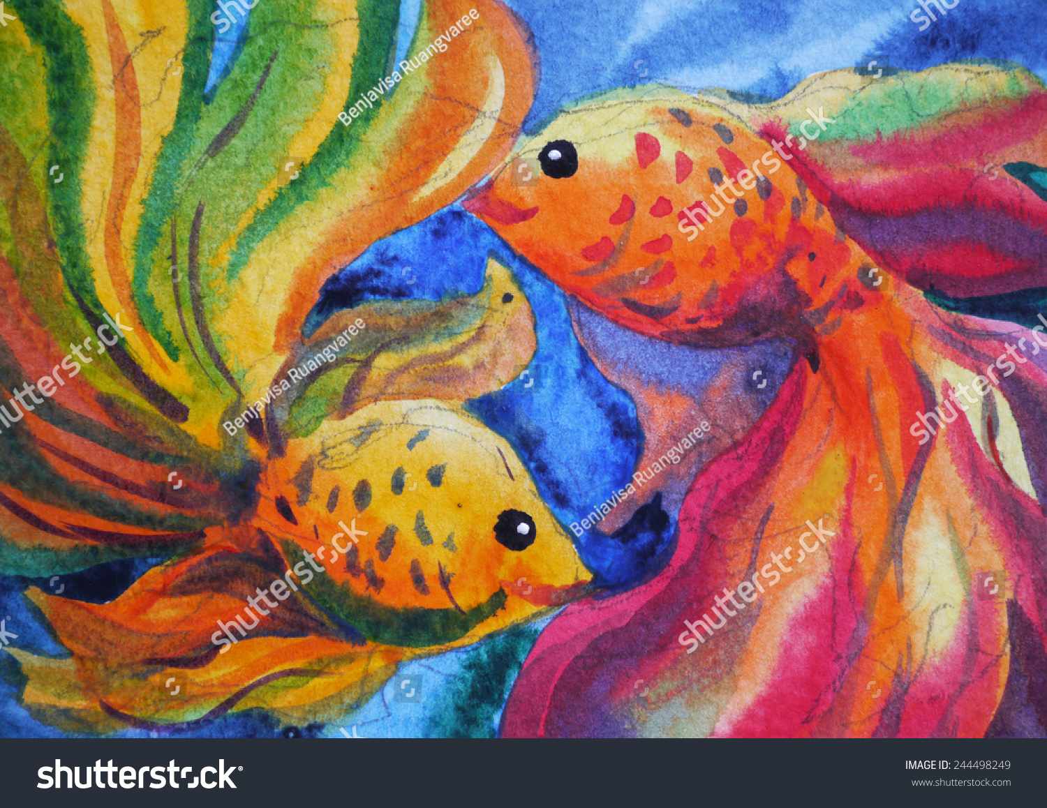 Золотая рыбка восковыми мелками и акварелью