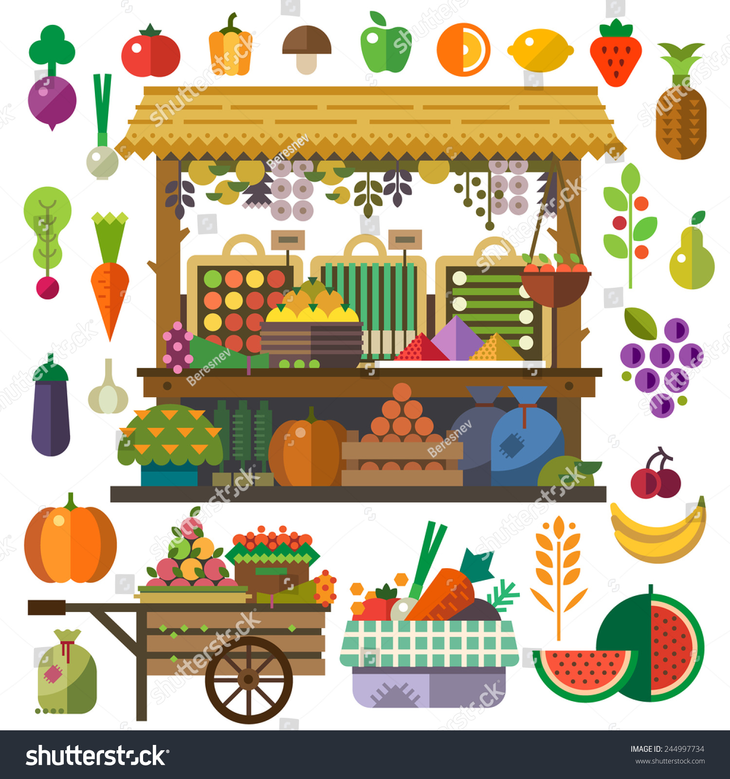 193 Fruit Stand Banner Apple Stock Vectors Images Vector Art   Stock Vector Food Market Vector Flat Vegetables And Fruits Carrot Pumpkin Onion Tomato Pepper Pineapple 244997734 