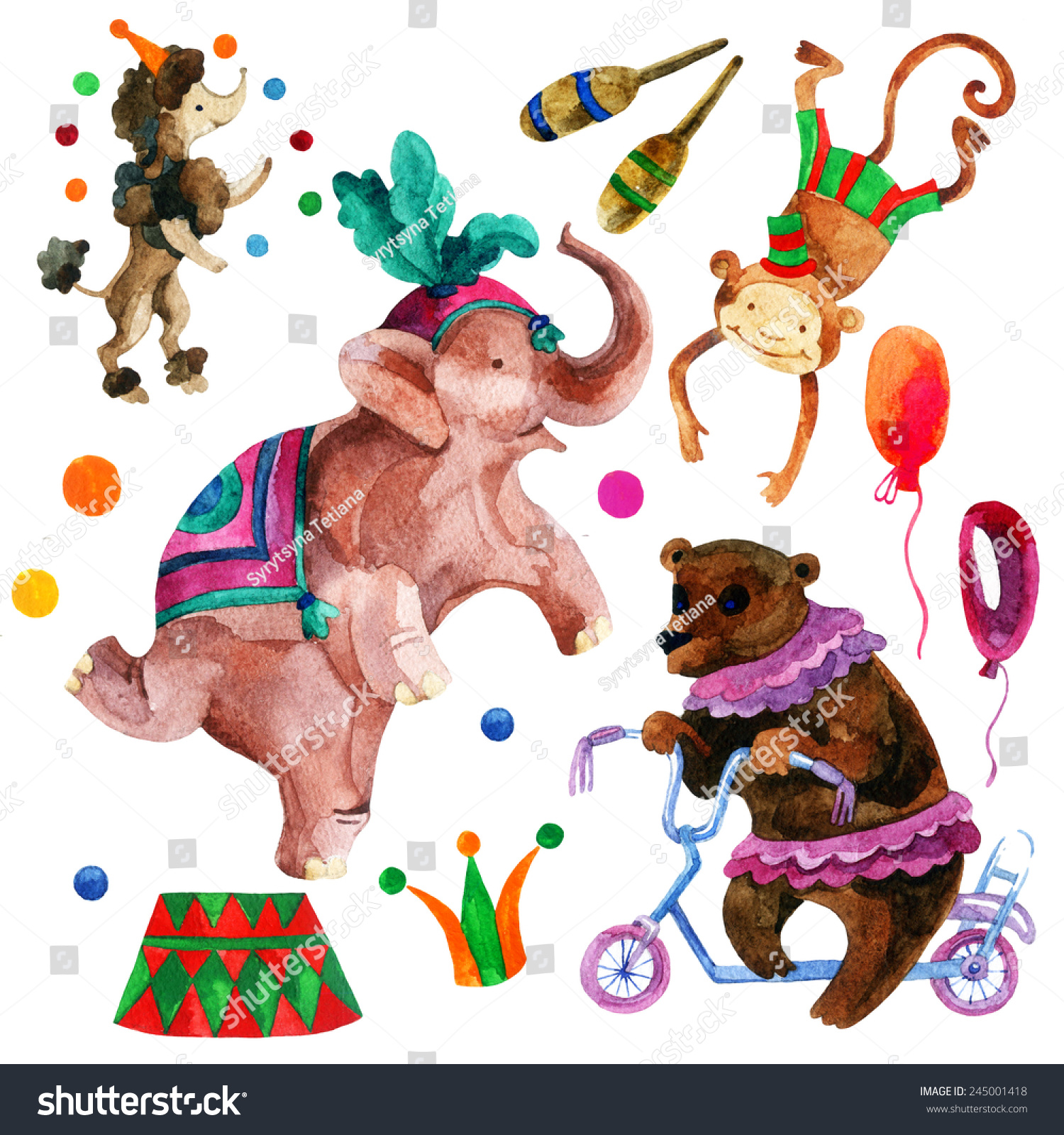 水彩サーカス 動物の象 猿 熊 犬 手描きのイラスト のイラスト素材 Shutterstock