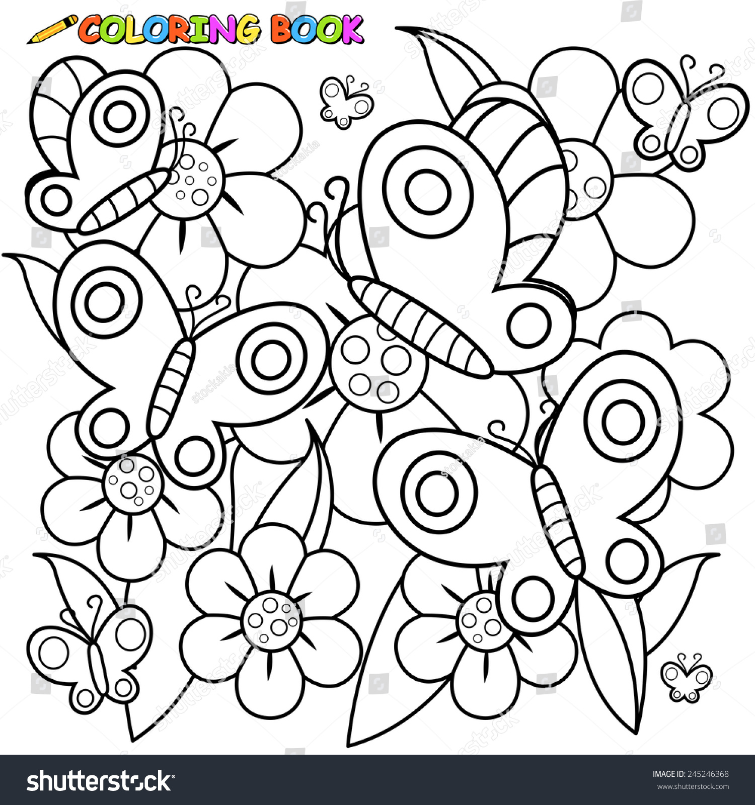 Butterflies Flowers Vector Black White Coloring Stock Vector (Royalty ...