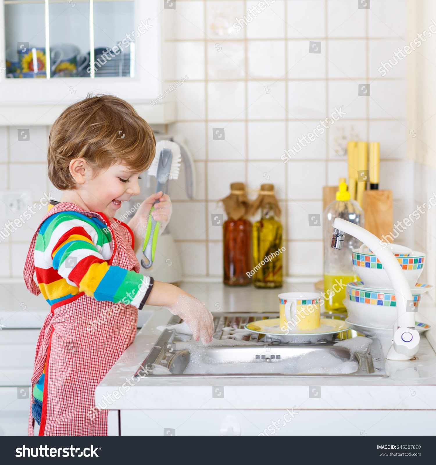 Lovely Blond Kid Boy Washing Dishes Stock Photo 245387890 | Shutterstock