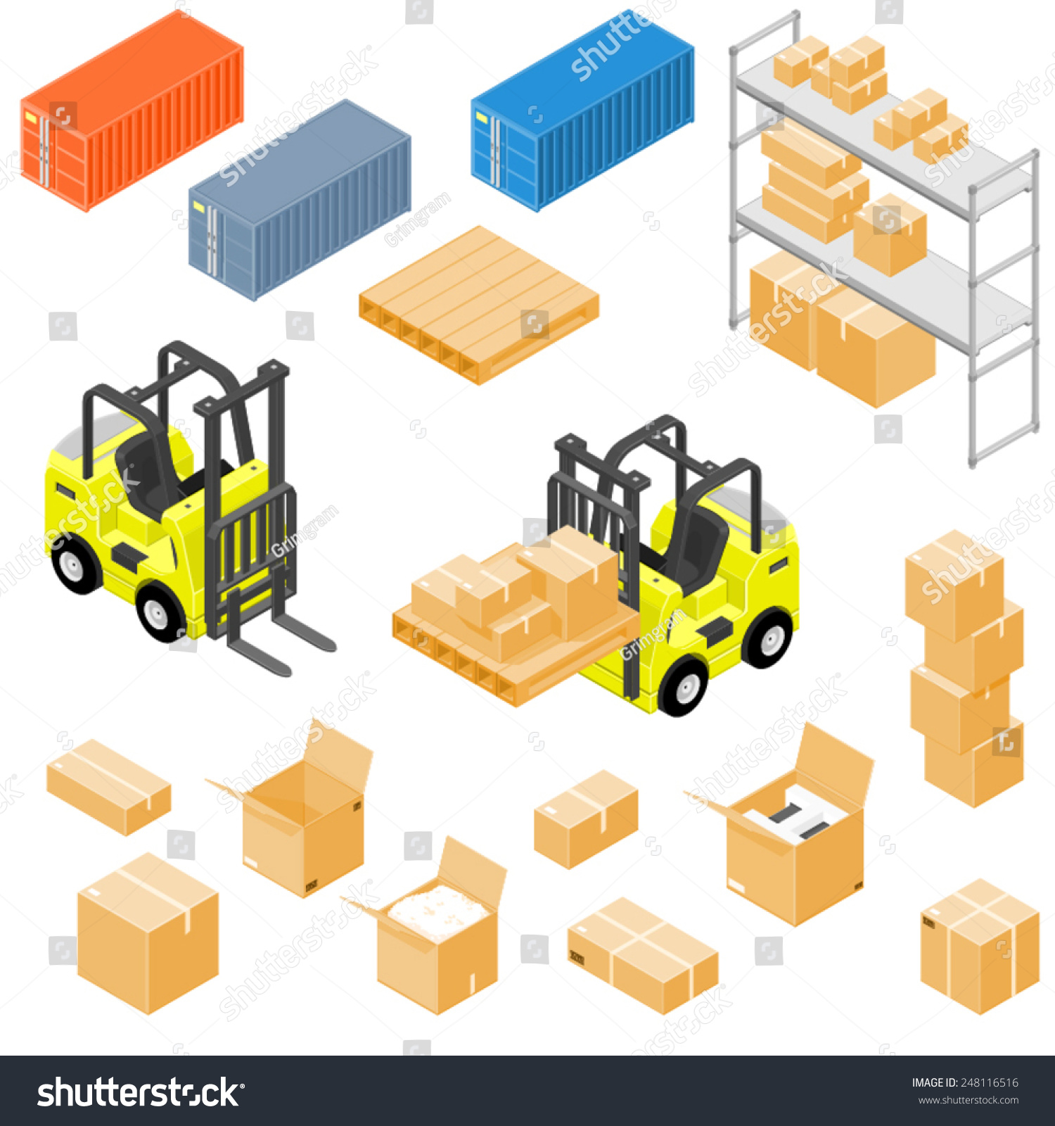 Forklift Truck Containers Wooden Pallets Isometric Stock Vector ...