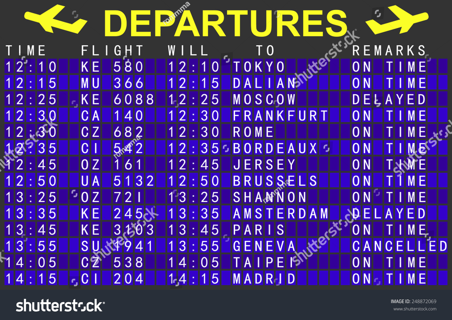 Departures Board Flights Airport Stock Vector (Royalty Free) 248872069 ...