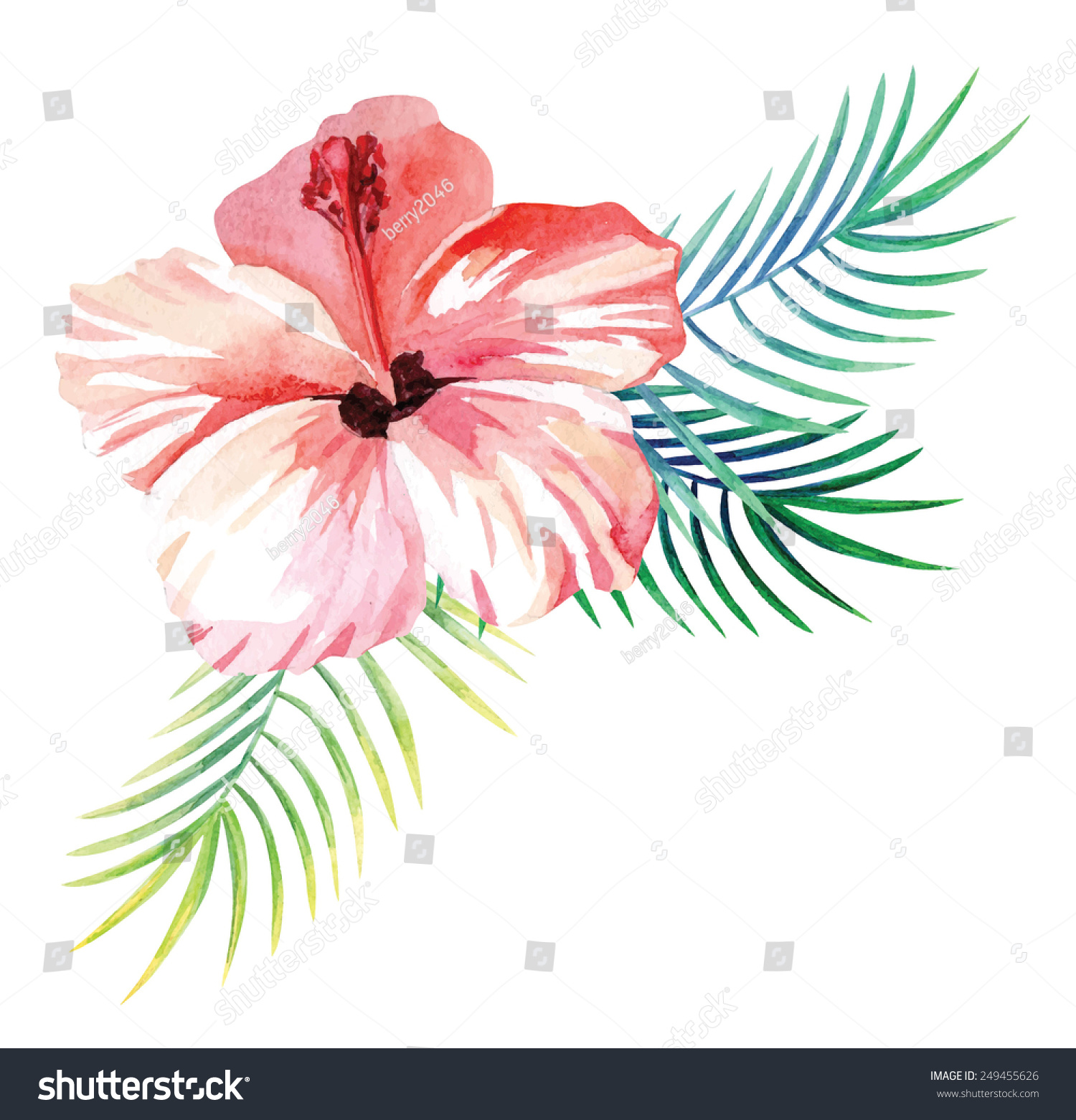 Hibiscus Palm Leaves Watercolor Illustration Stock Vector Royalty Free Shutterstock