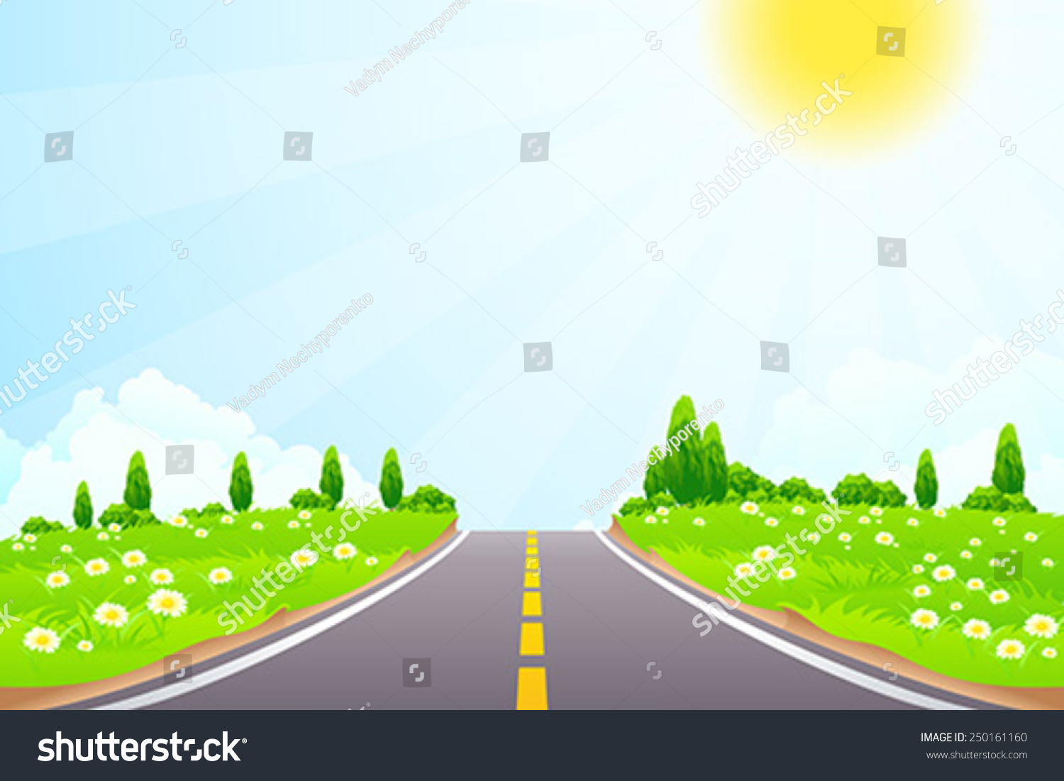 Green Landscape Trees Clouds Flowers Road Stock Vector (Royalty Free ...