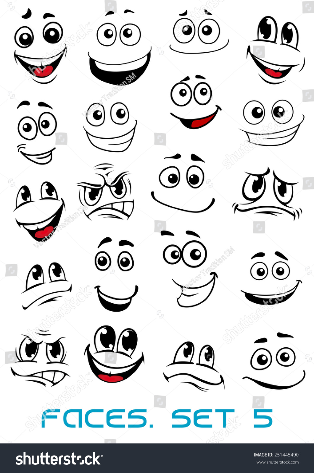 Cartoon Faces Different Expressions Mostly Happy Stock Vector (Royalty ...