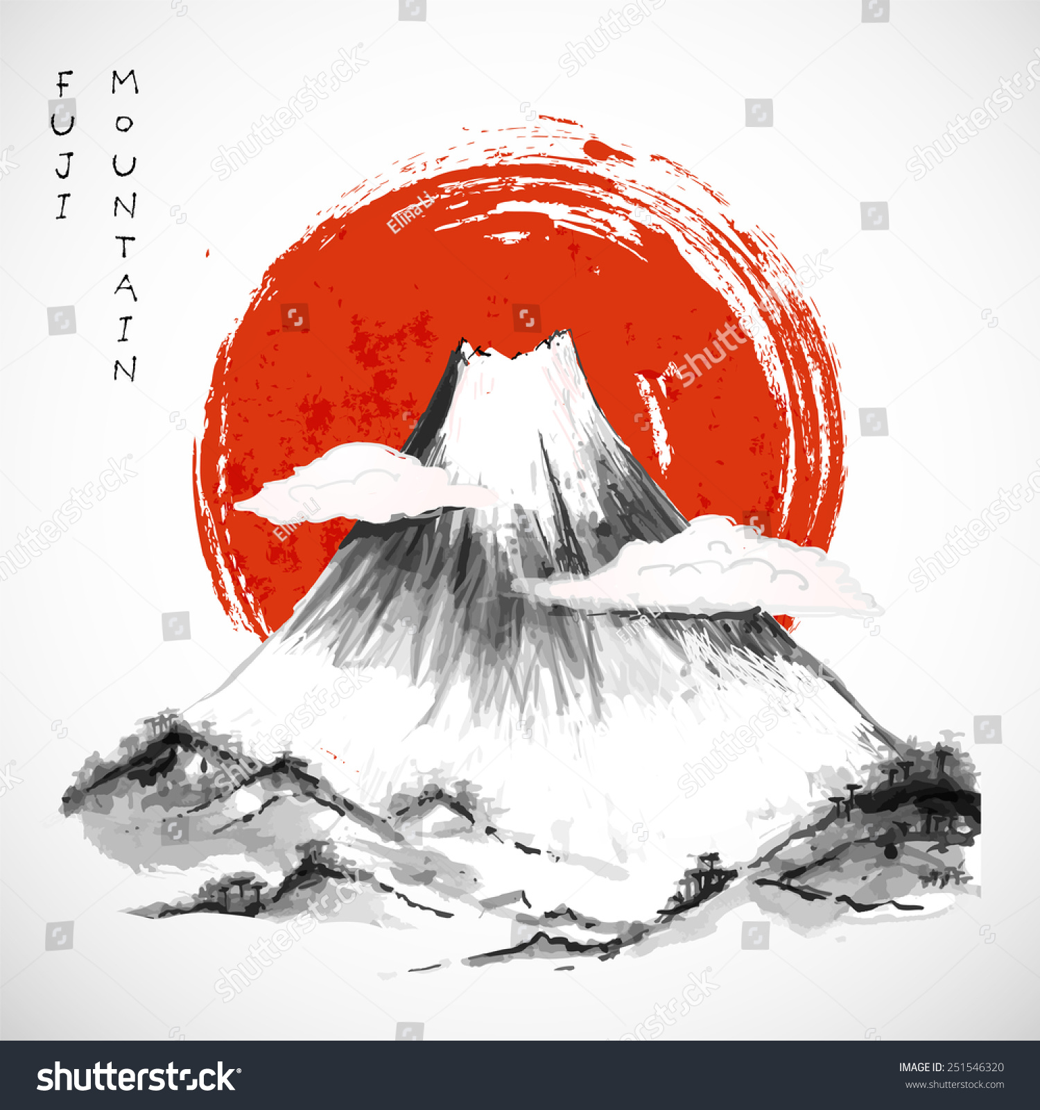 Японский флаг на фоне Фудзиямы