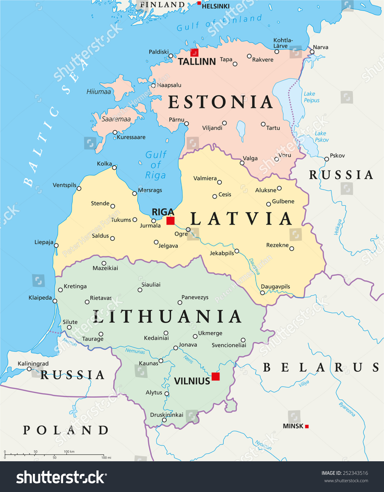 Stock Vector Baltic States Political Map Estonia Latvia And Lithuania With Capitals Tallinn Riga And Vilnius 252343516 