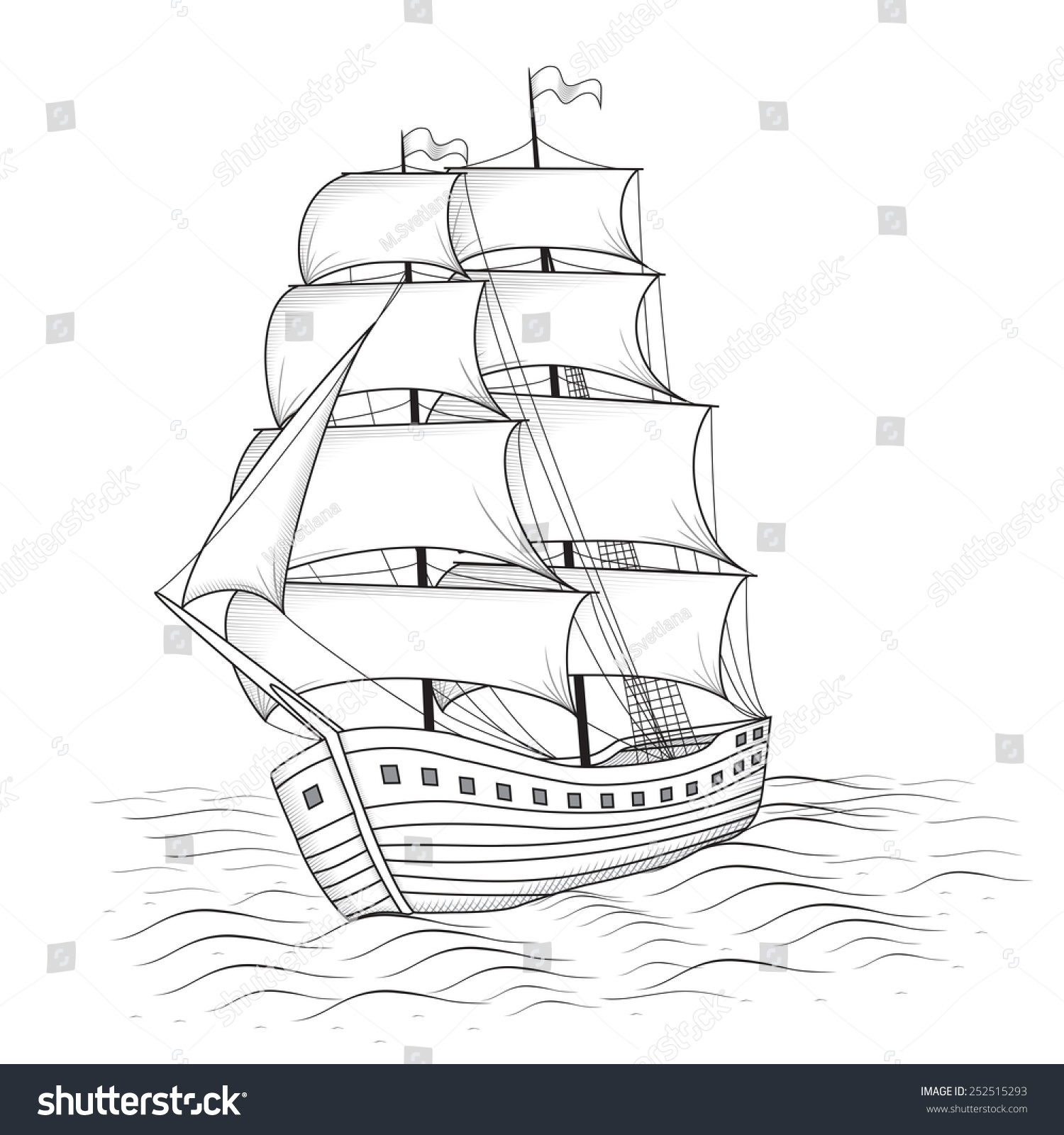 Корабль с парусами черно-белый
