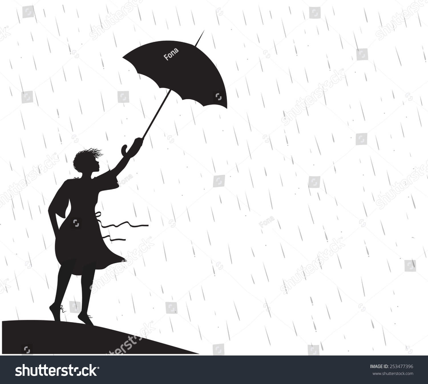 Силуэт девушки под дождем с зонтом