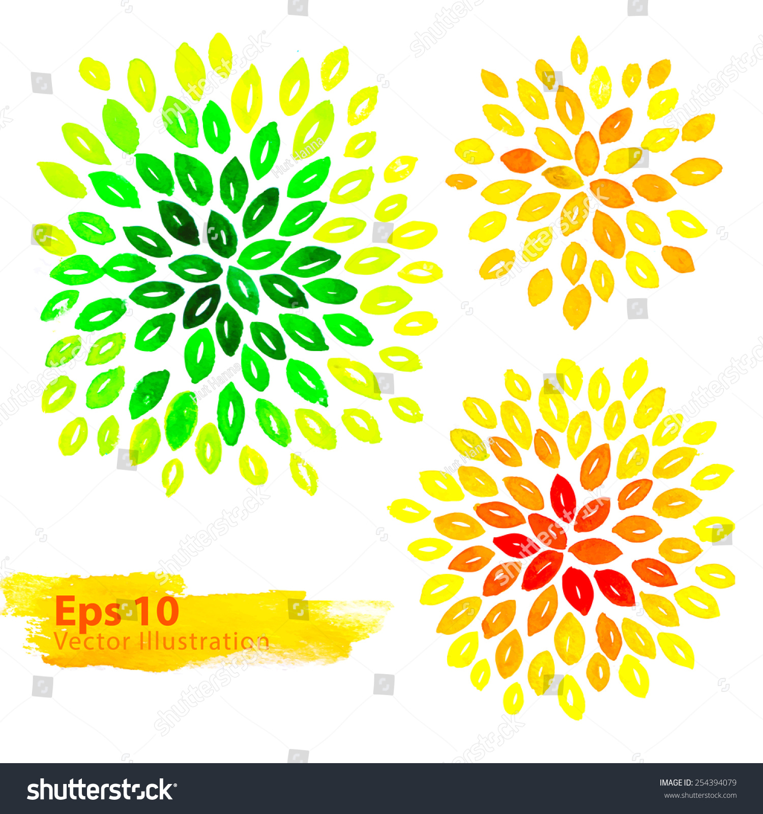 Greenyellow Red Watercolor Vector Sunburst Flowers Stock Vector