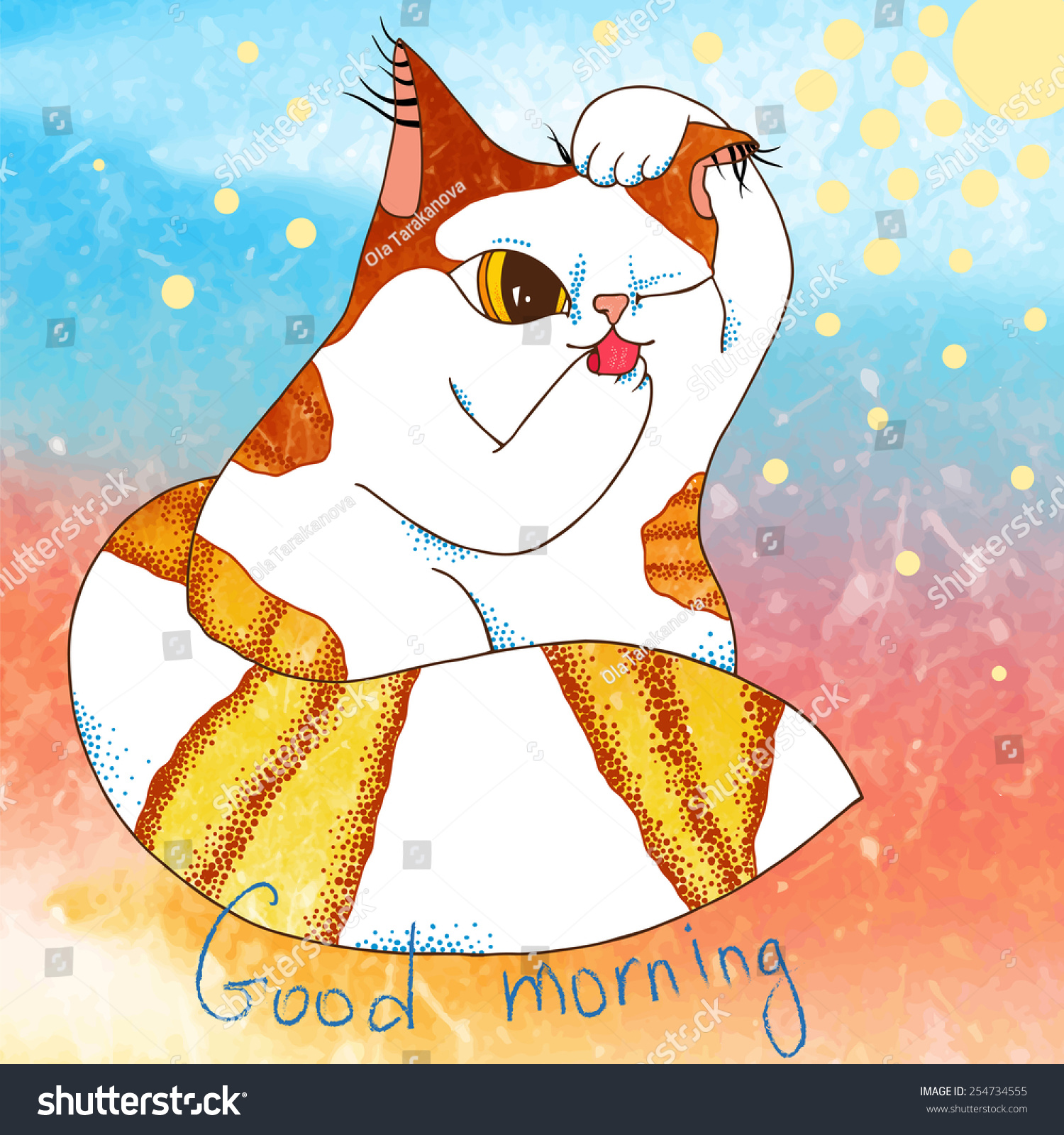 Cartoon Illustration Little Cat Morning Vector Stock Vector (Royalty ...