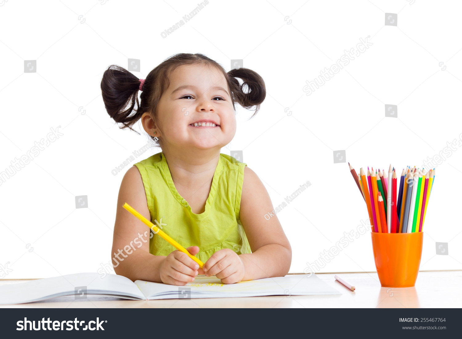 Happy Kid Girl Drawing Colourful Pencils Stock Photo 255467764 ...