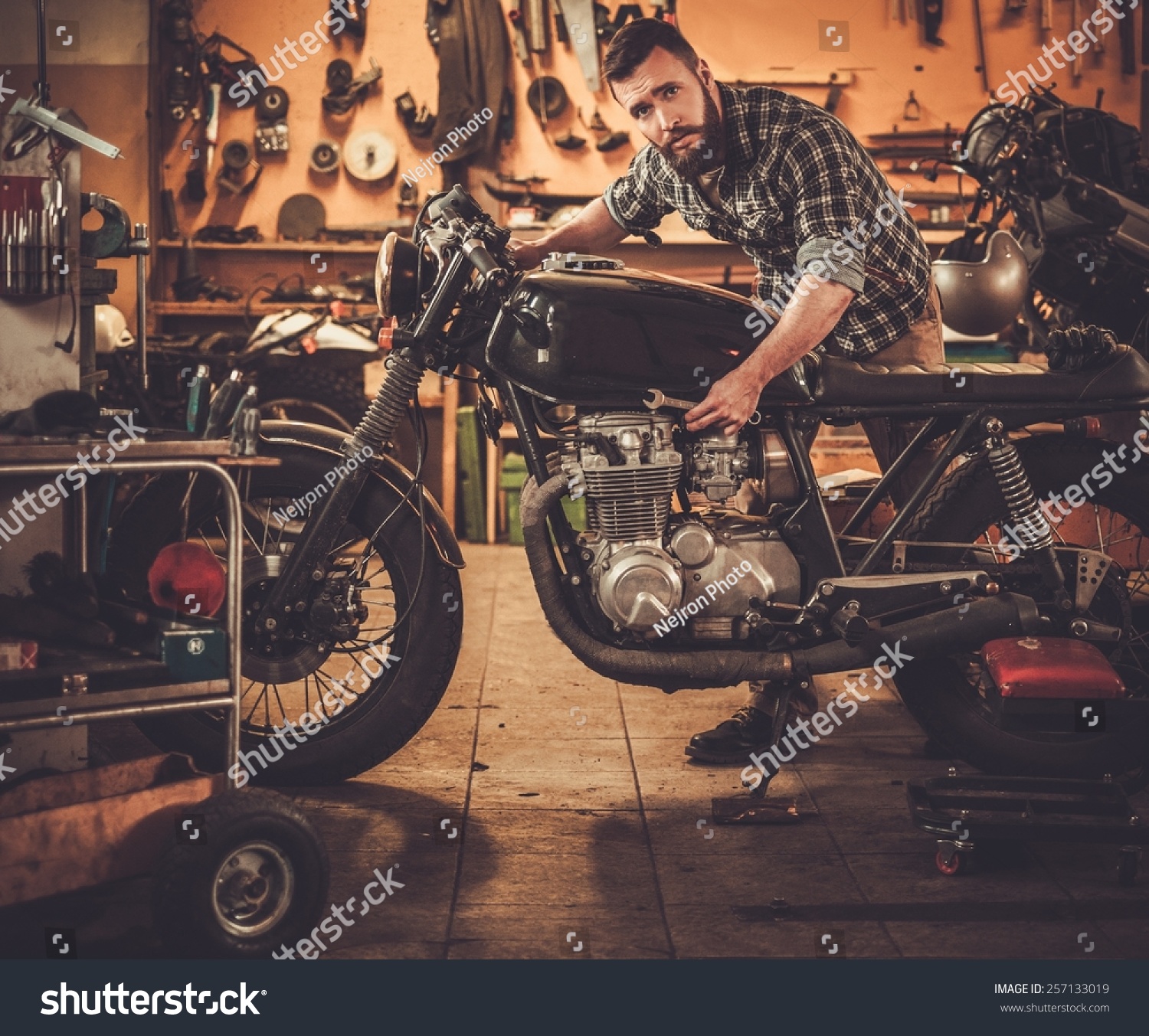 Mechanic Building Vintage Style Caferacer Motorcycle Stock Photo Shutterstock