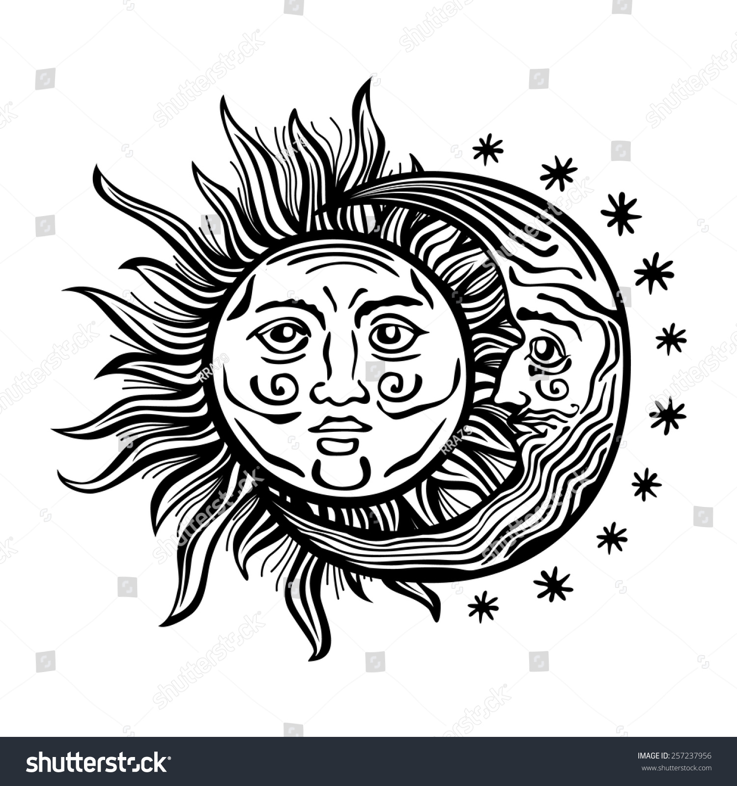 Etchedstyle Cartoon Illustration Sun Moon Star Stock Vector (Royalty ...