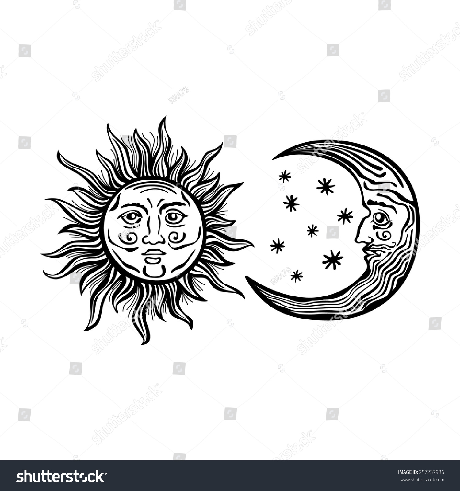 Etchedstyle Cartoon Illustration Sun Moon Star Stock Vector (Royalty ...