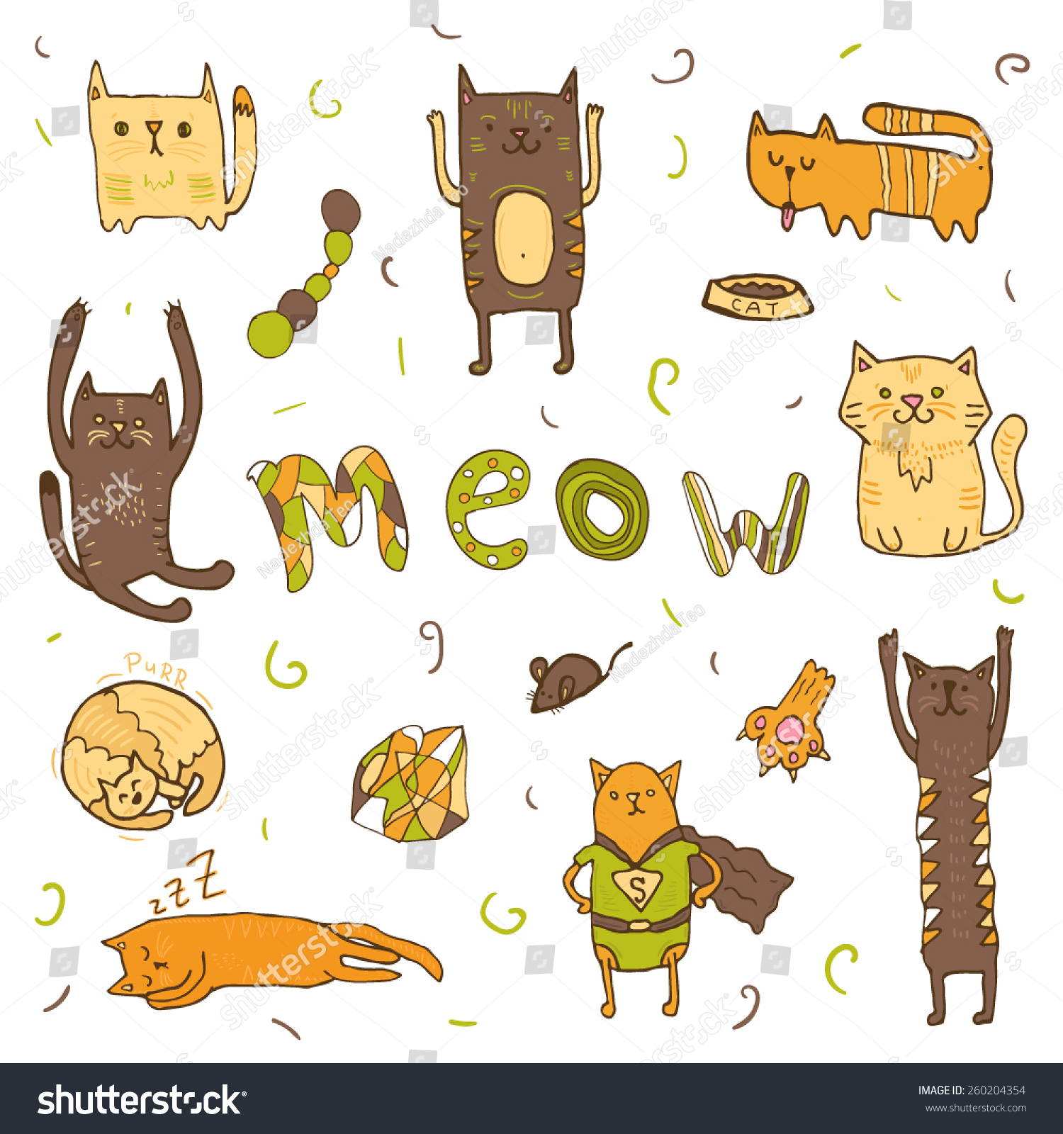 Cute Cartoon Doodle Cats Set Meow Stock Vector (Royalty Free) 260204354 ...