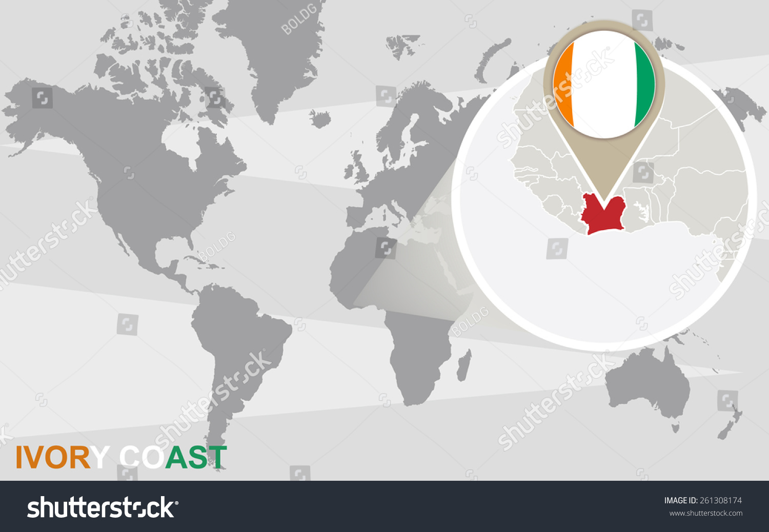 Stock Vector World Map With Magnified Ivory Coast Ivory Coast Flag And Map 261308174 