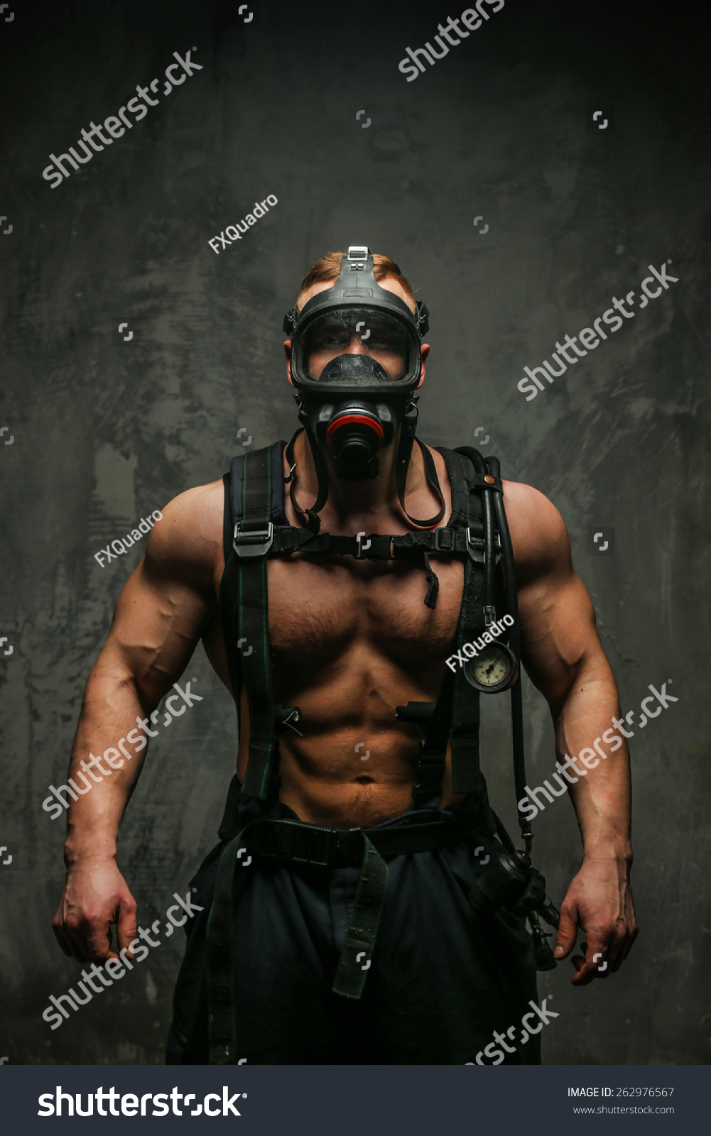 Muscular Firefighter Oxygen Mask Naked Torso Shutterstock