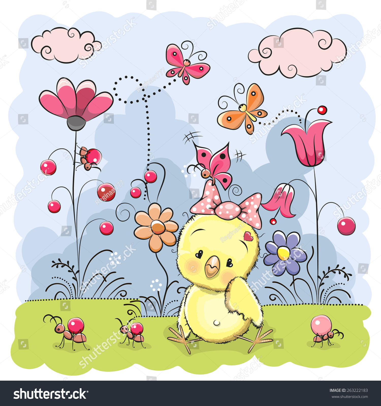 Cute Cartoon Chicken On Meadow Flowers Stock Vector (Royalty Free ...