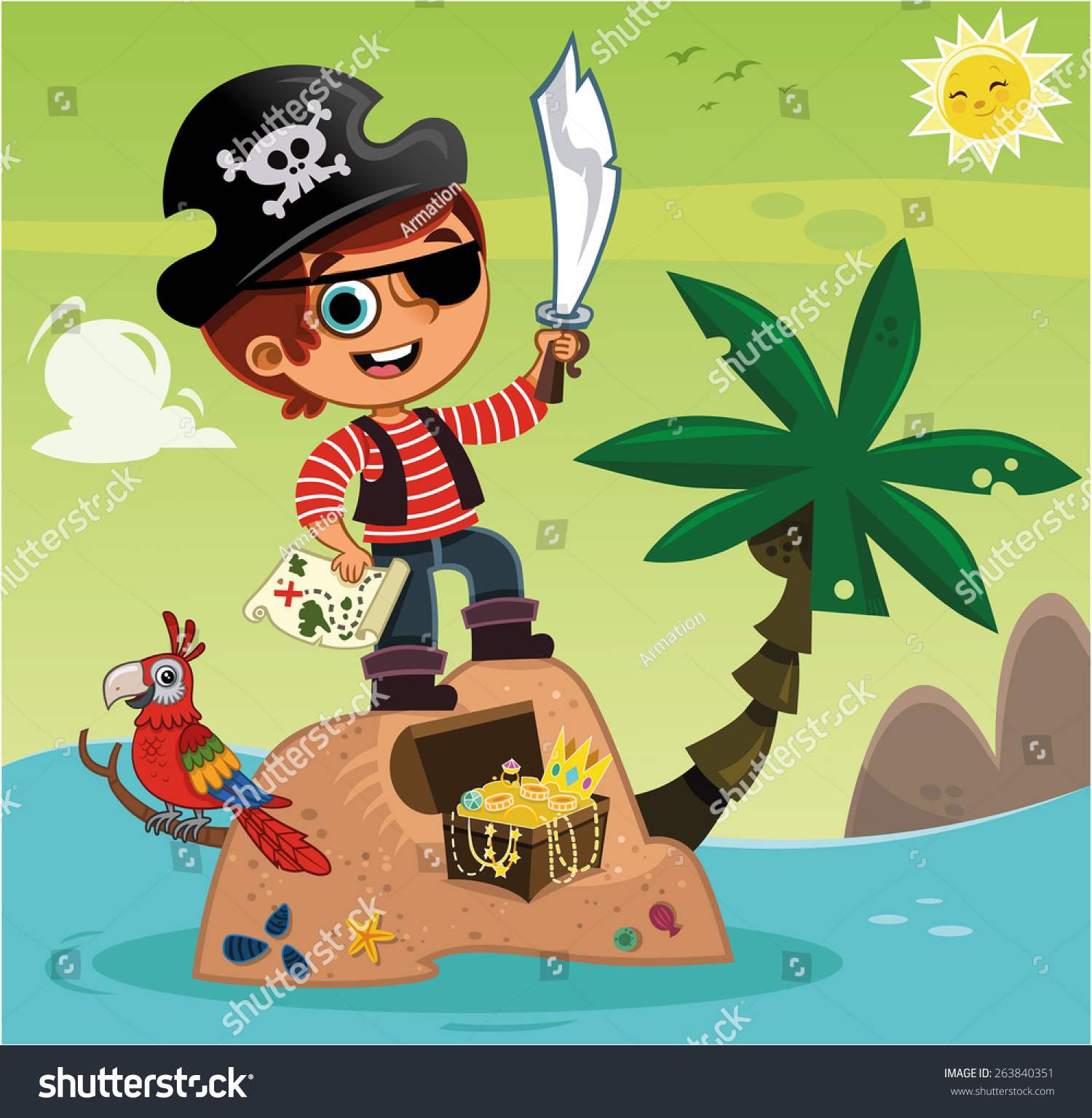 Cute Pirate Boy His Treasure Stock Vector (Royalty Free) 263840351 ...