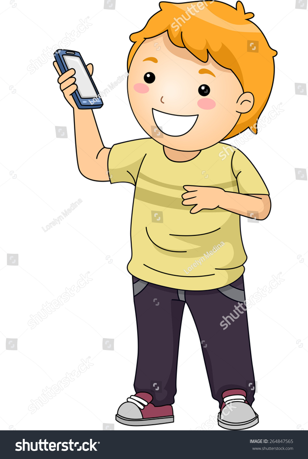 Illustration Little Boy Showing His Smartphone Stock Vector (royalty 