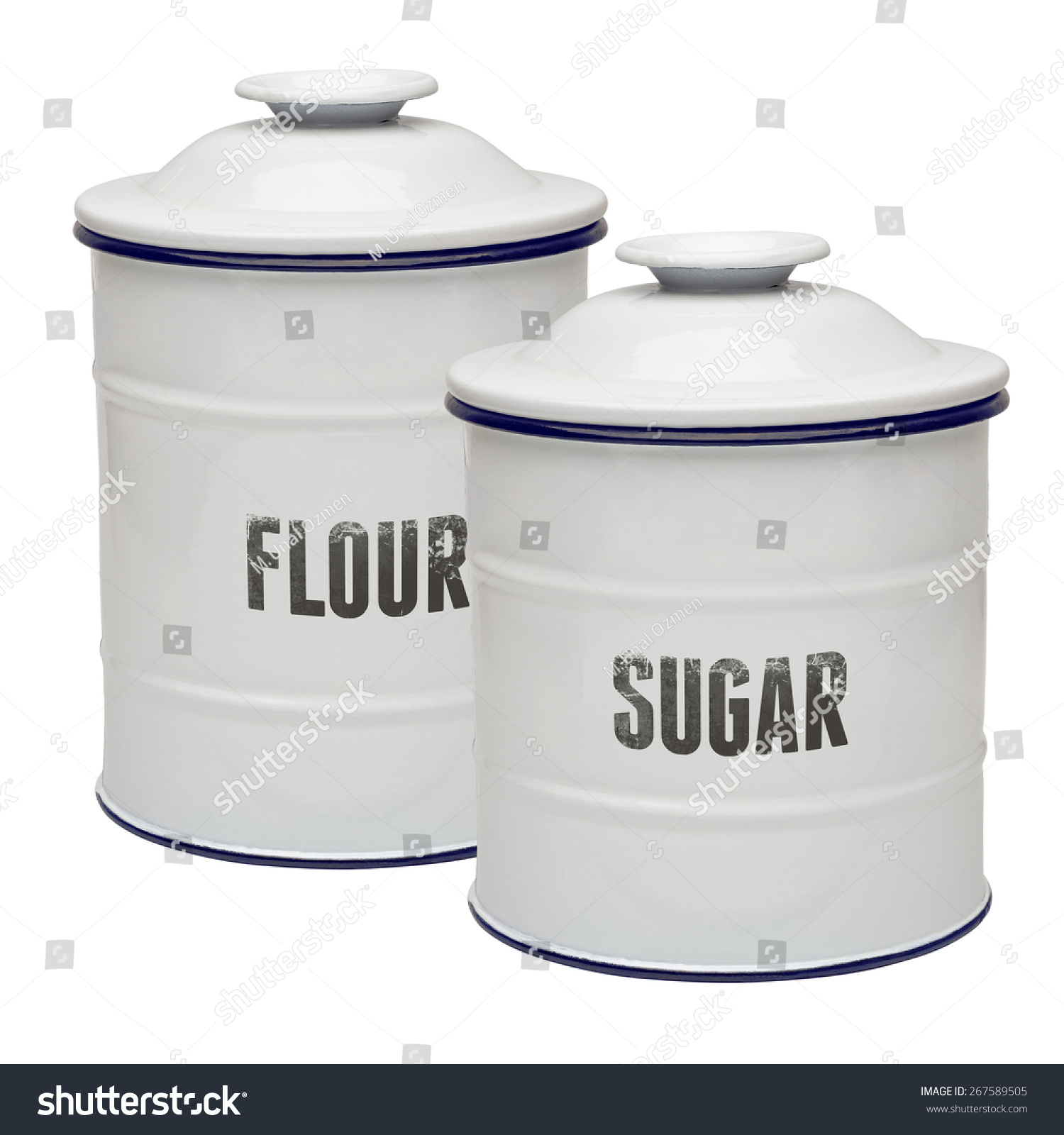 Stock Photo White Enamel Canisters In Flour And Sugar Isolated On White Background 267589505 