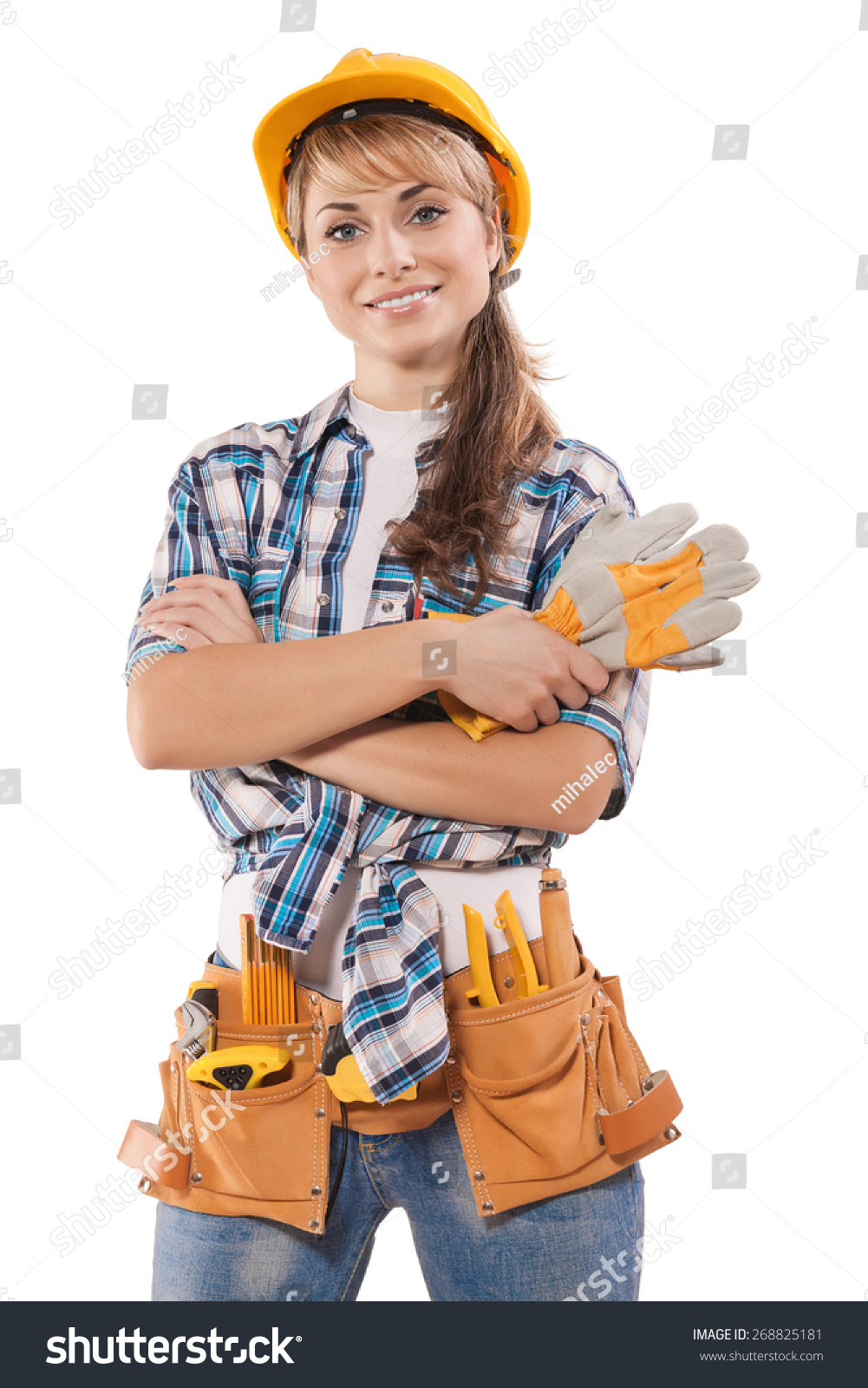 Beautiful Female Construction Worker On Photo Stock Photo 268825181 ...