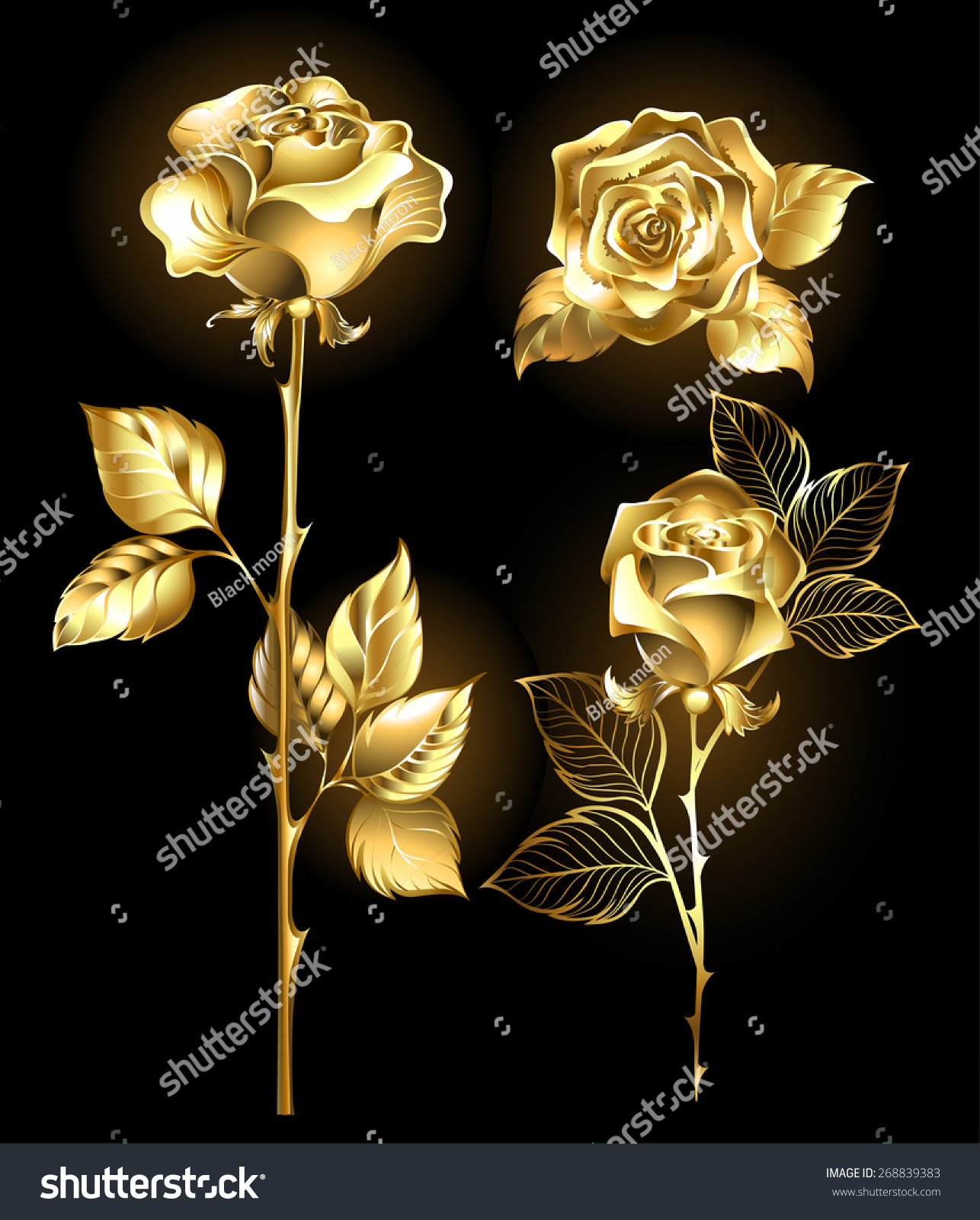 Set Gold Shining Roses On Black Stock Vector (Royalty Free) 268839383 |  Shutterstock