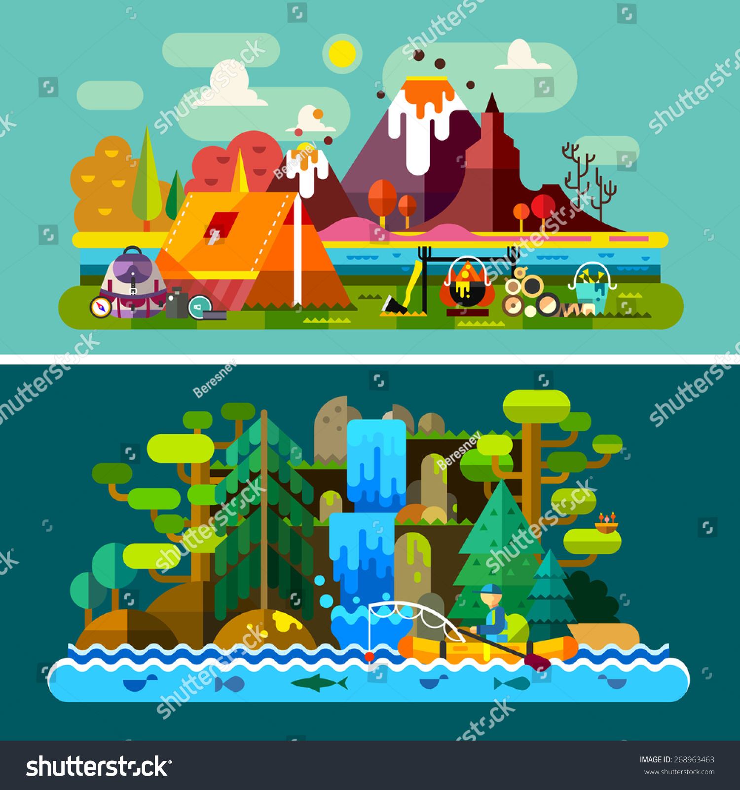 Summer Landscapes Tent Fire Mountains Background Stock Vector (Royalty ...