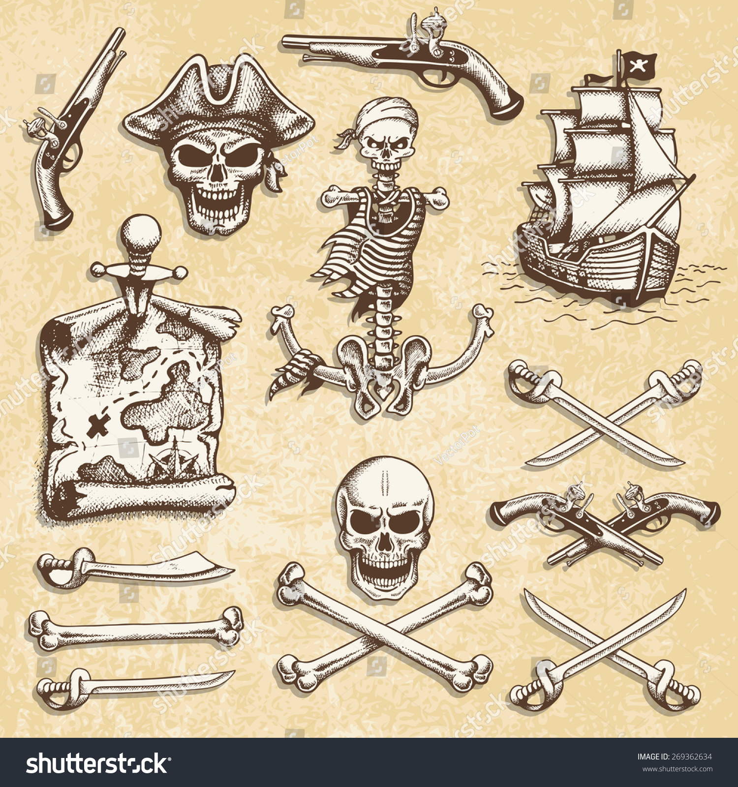 Set Vintage Hand Drawn Pirates Designed Stock Vector (Royalty Free ...