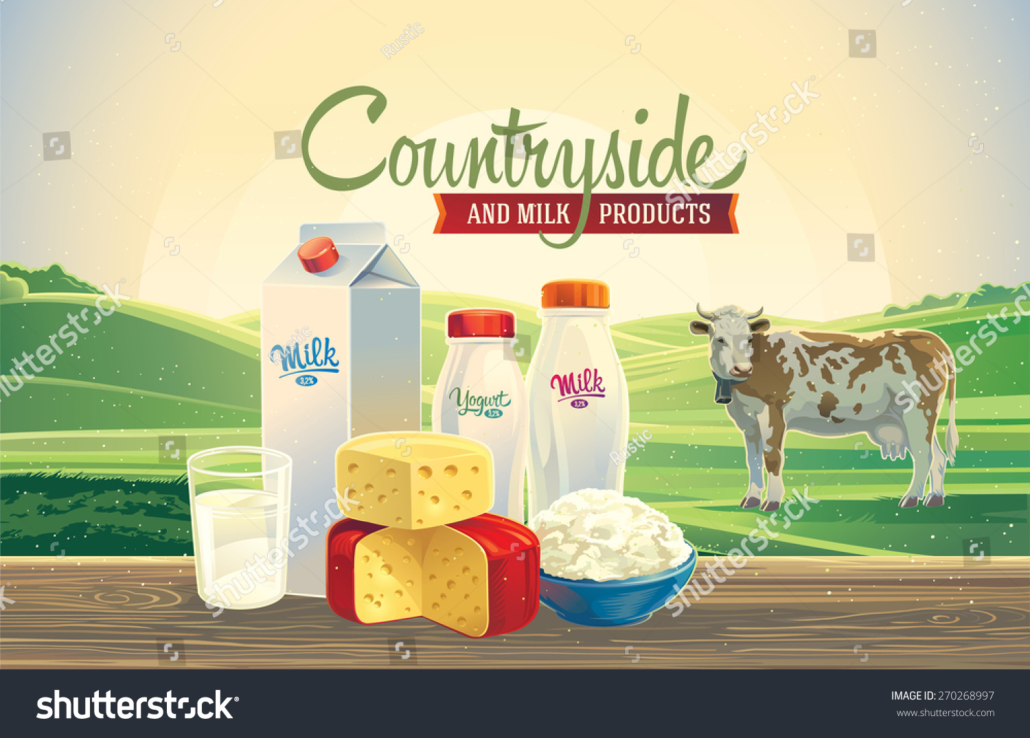 Rural Landscape Cow Set Milk Products Stock Vector (Royalty Free ...