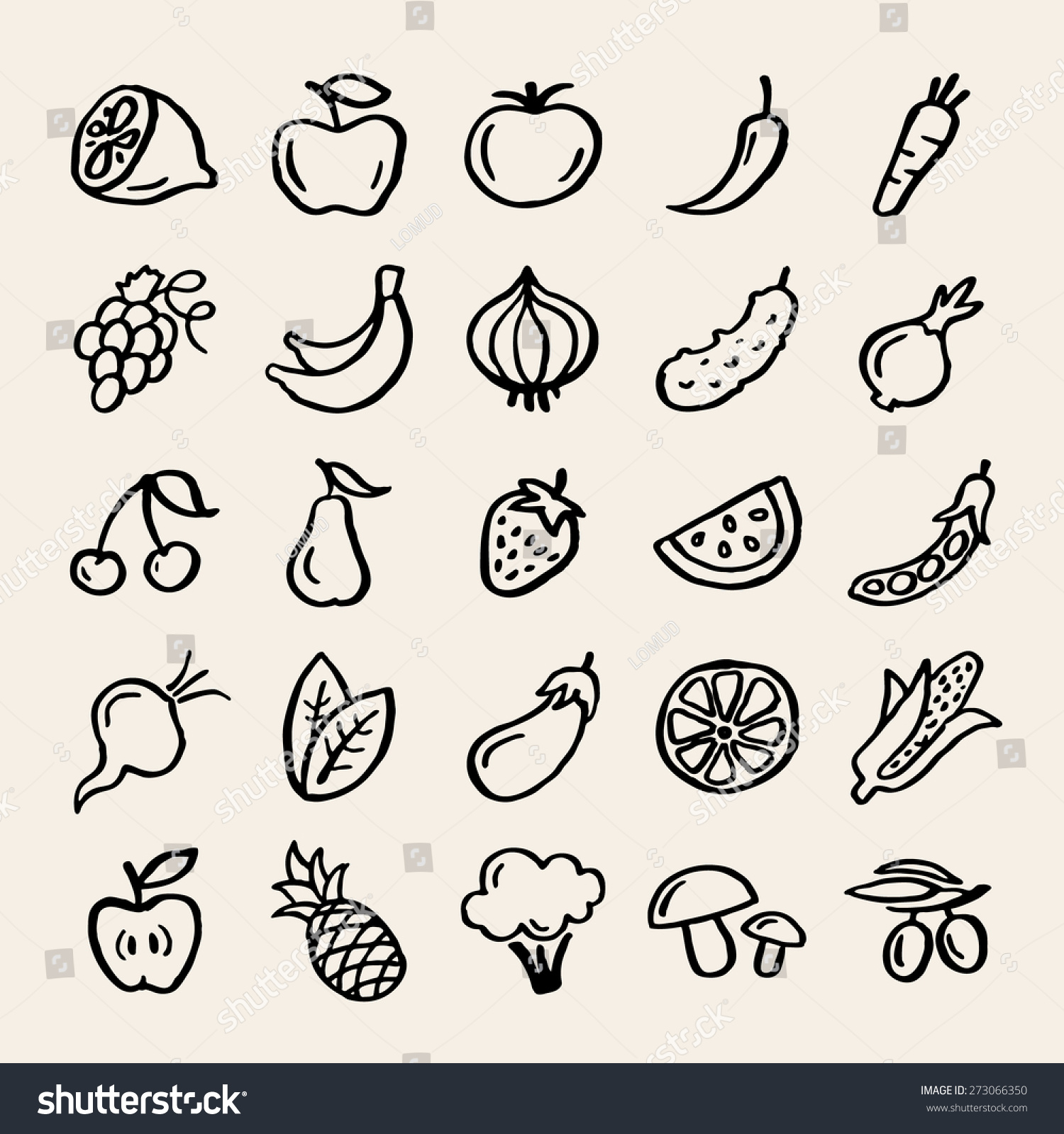 25 Doodle Food Icons Fruits Vegetables Stock Vector (royalty Free 