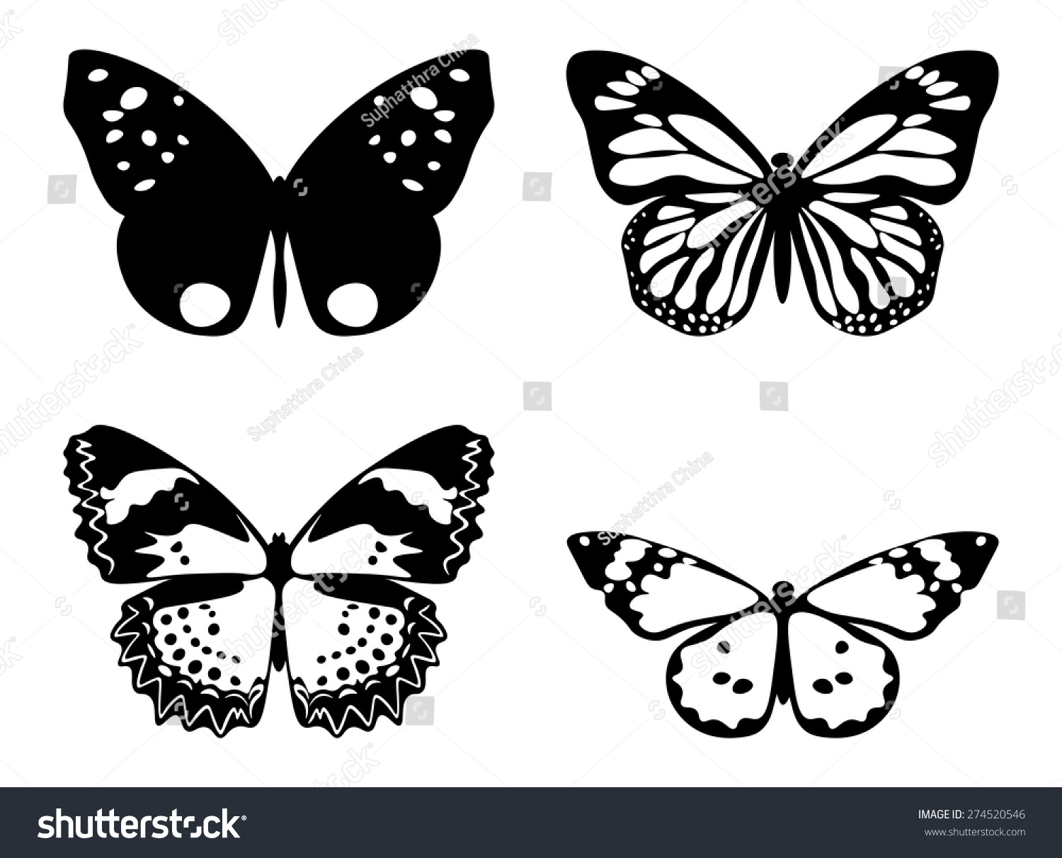 Vector Illustration Set Butterflies Silhouettes Isolated Stock Vector ...