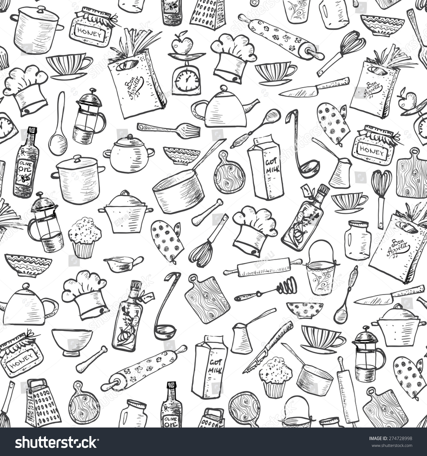 Seamless Texture Kitchen Doodle Sketch Utensils Stock Vector (Royalty ...