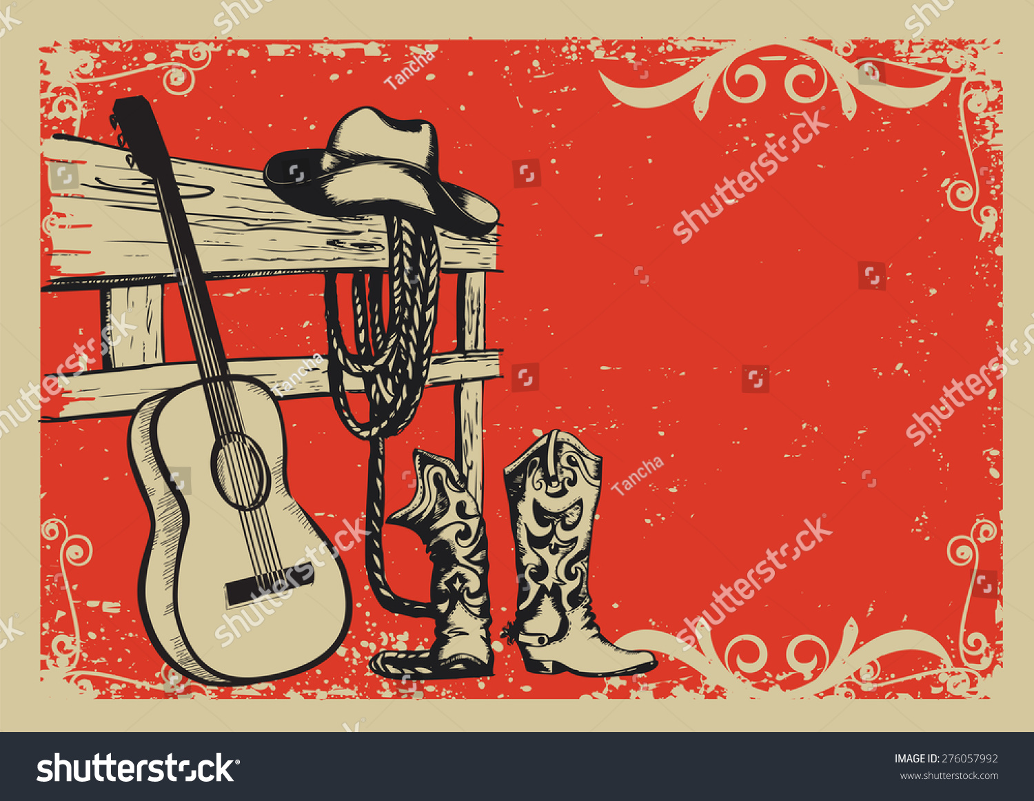 Western Country Music Poster With Cowboy Clothes And Music Guitar