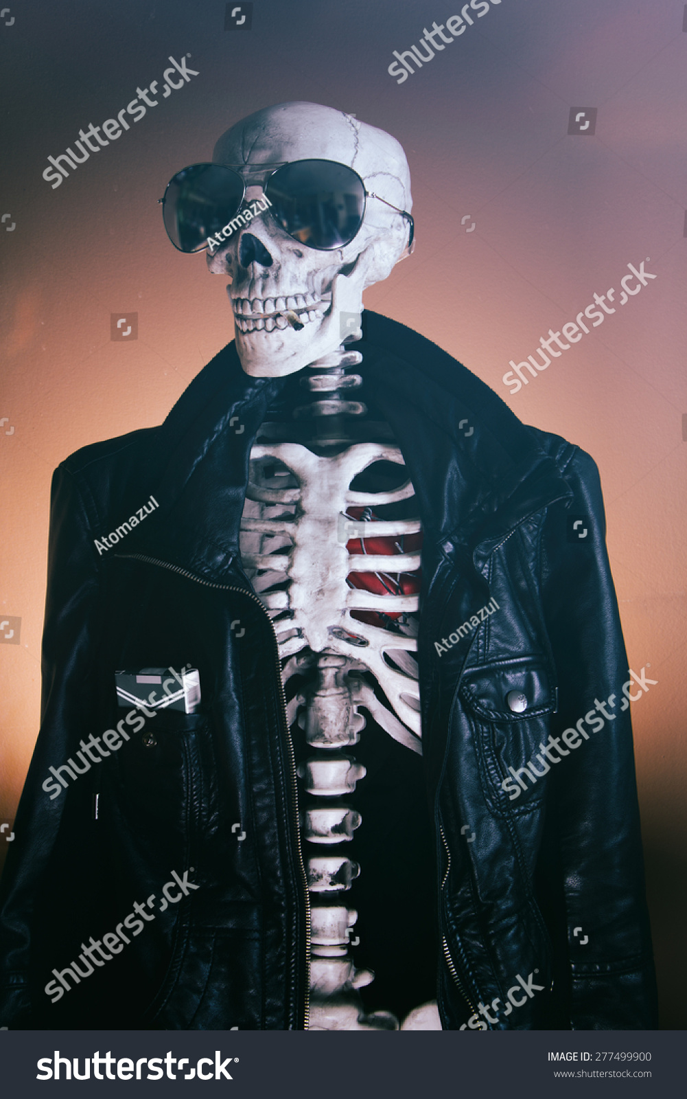 skeleton in leather jacket
